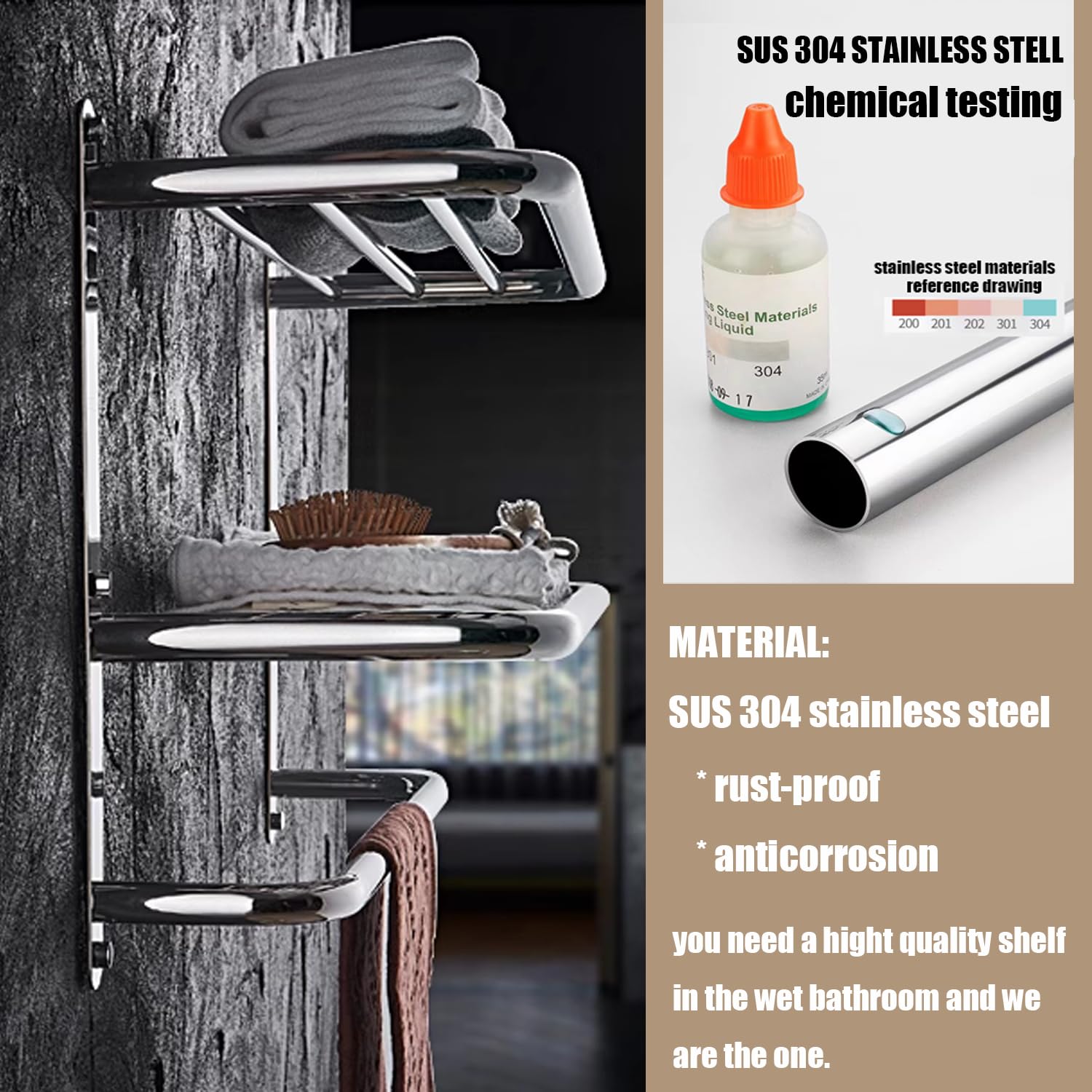 HOMCOM Scaffale Bagno 3 Ripiani e 3 Porta Asciugamani Pieghevole