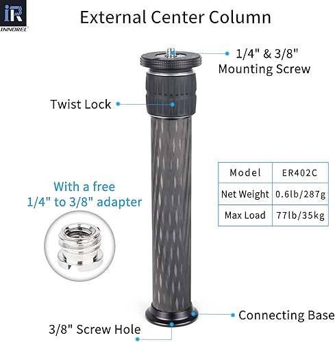 Miniatura 9 de INNOREL ER362C - Trípode de fibra de carbono universal de 10 capas de extensión de columna central, trípode de dos secciones de barra de extensión