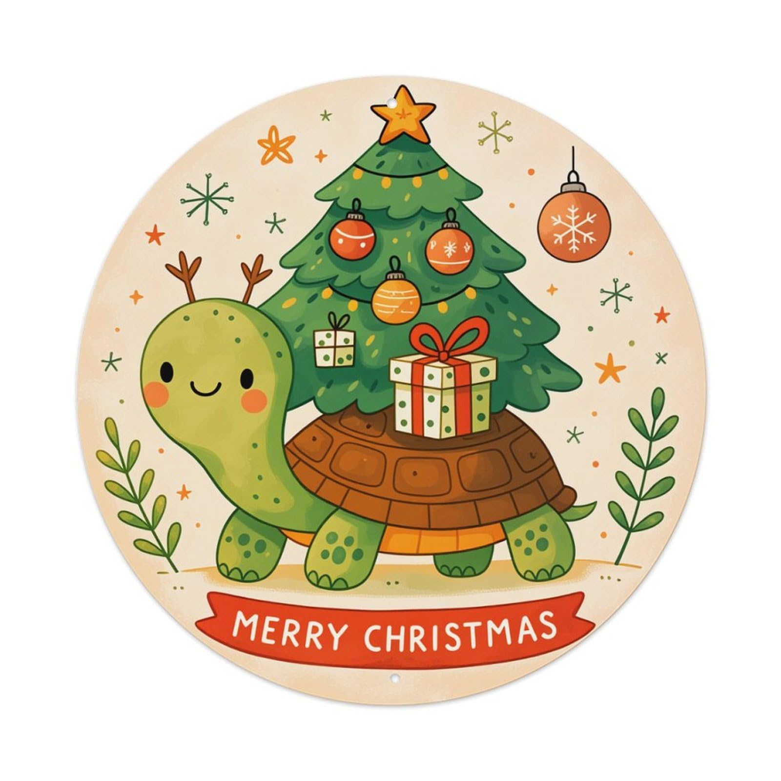 Christmas Turtle Tree Gift Star Round Tin Sign Retro Metal Sign for Cafe Bar Pub Home Game Room Gym Club Wall Decoration Vintage Metal Poster 8x8 Inch