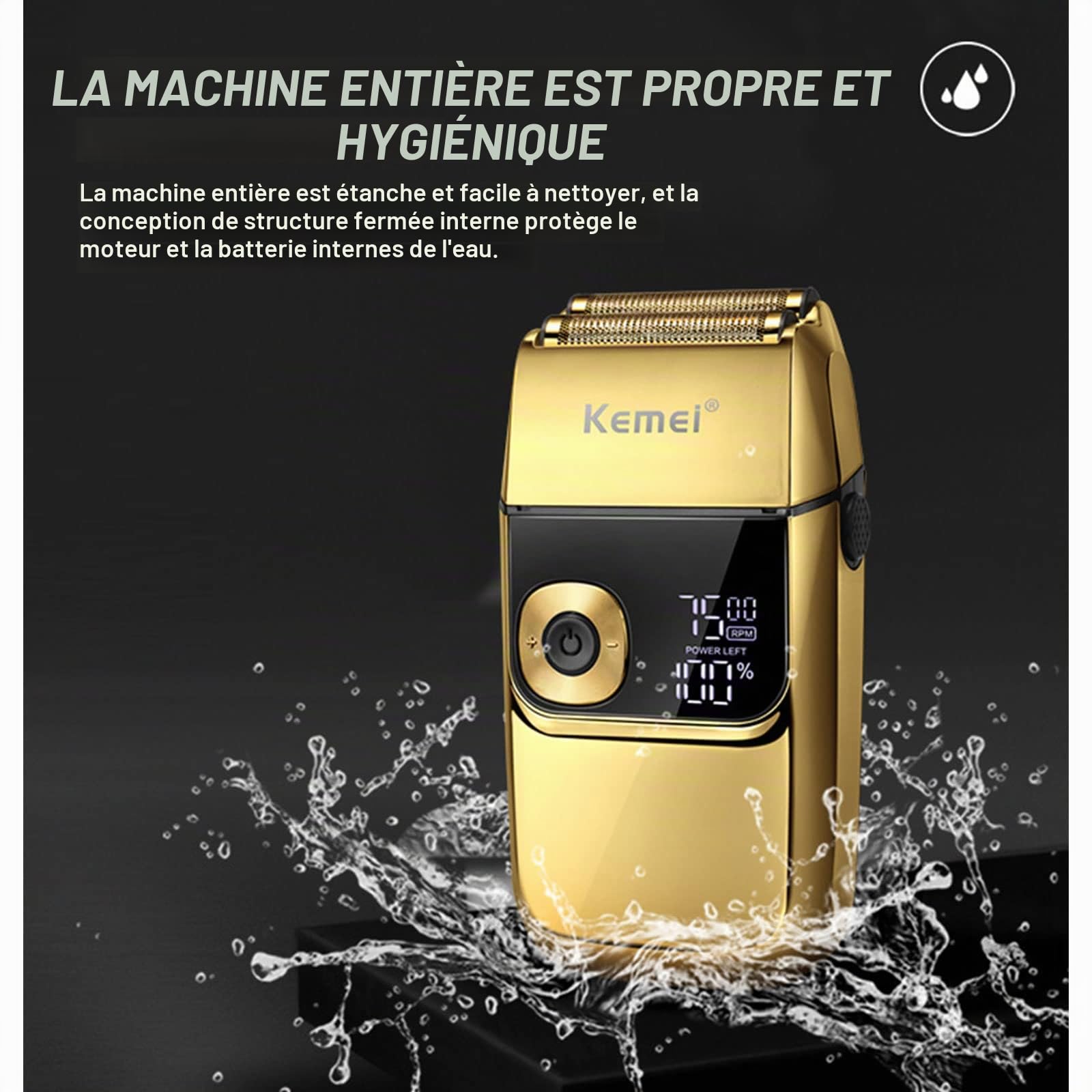 Kemei Rasoir électrique pour homme, tondeuse à barbe rechargeable sans fil, lavable, USB, affichage LED, rasoir en feuille de titane avec étui de transport