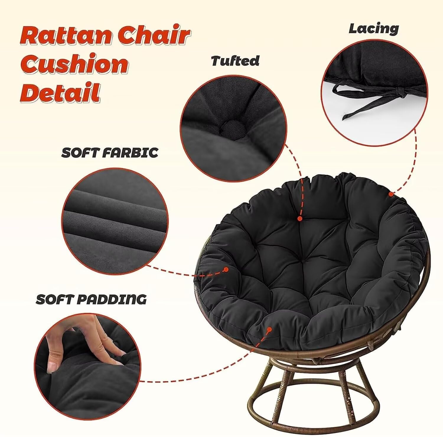 Silla colgante Cush – Cómoda almohadilla de asiento para silla columpio, silla de lectura colgante y almohada redonda para uso en interiores y exteriores