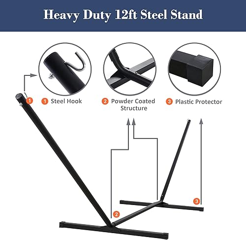 Miniatura 7 de SUNCREAT Hamaca portátil para exteriores con soporte, hamaca resistente con bolsa de transporte, almohada suave, cuerdas de equilibrio, azul oscuro