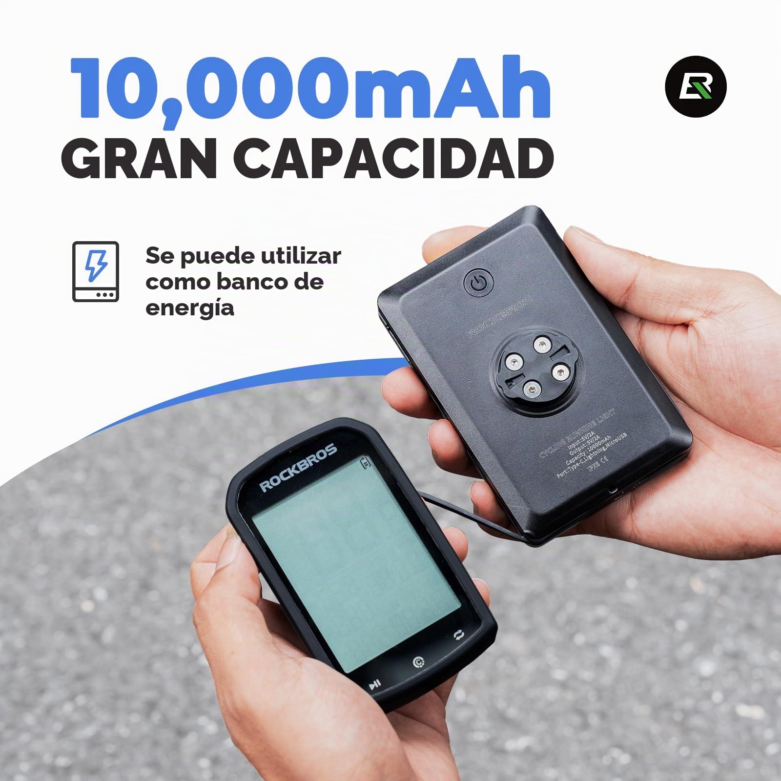 ROCKBROS Luz Bicicleta Delantera Power Linterna Móvil, 5 Modos Iluminación IP64 Impermeable Banco de Energía Tipo-C Compatible con Garmin Ciclocomputadores GPS Base