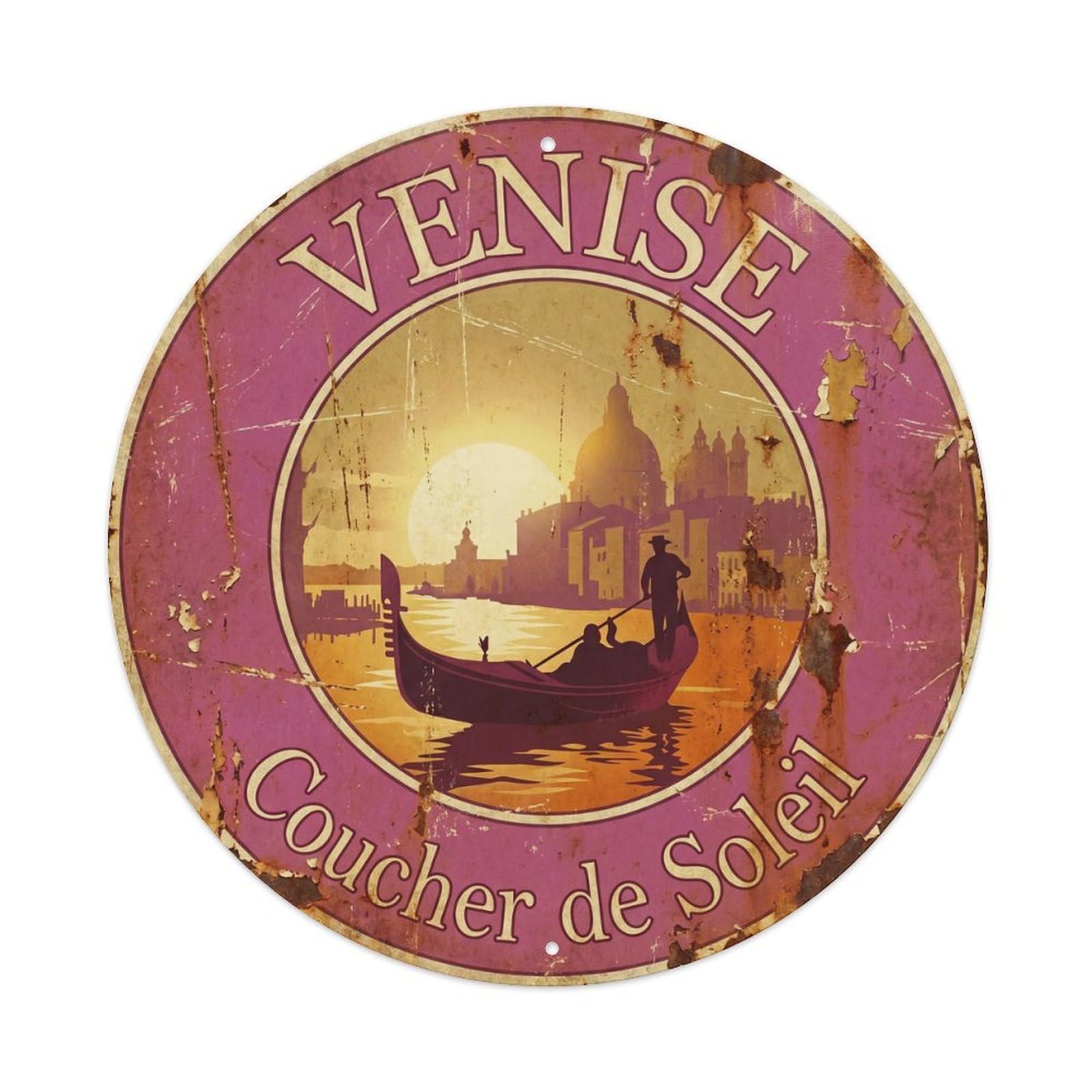 Vintage Travel Gondola Sunset Venice Metal Tin Sign Plaque Wall Decor for Cafe, Club, Garden Round Metal Poster 8x8Inch