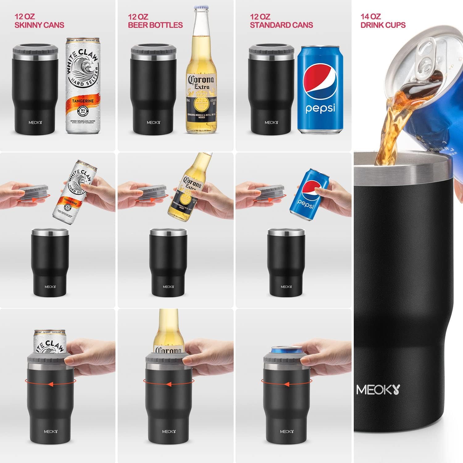 Meoky 4-in-1 Can Cooler, Stainless Steel Triple Insulated Coozies for 12 oz Skinny or Standard Can, Beer Bottle and as a 14 oz Tumbler with lid (Obsidian Black) : Everything Else