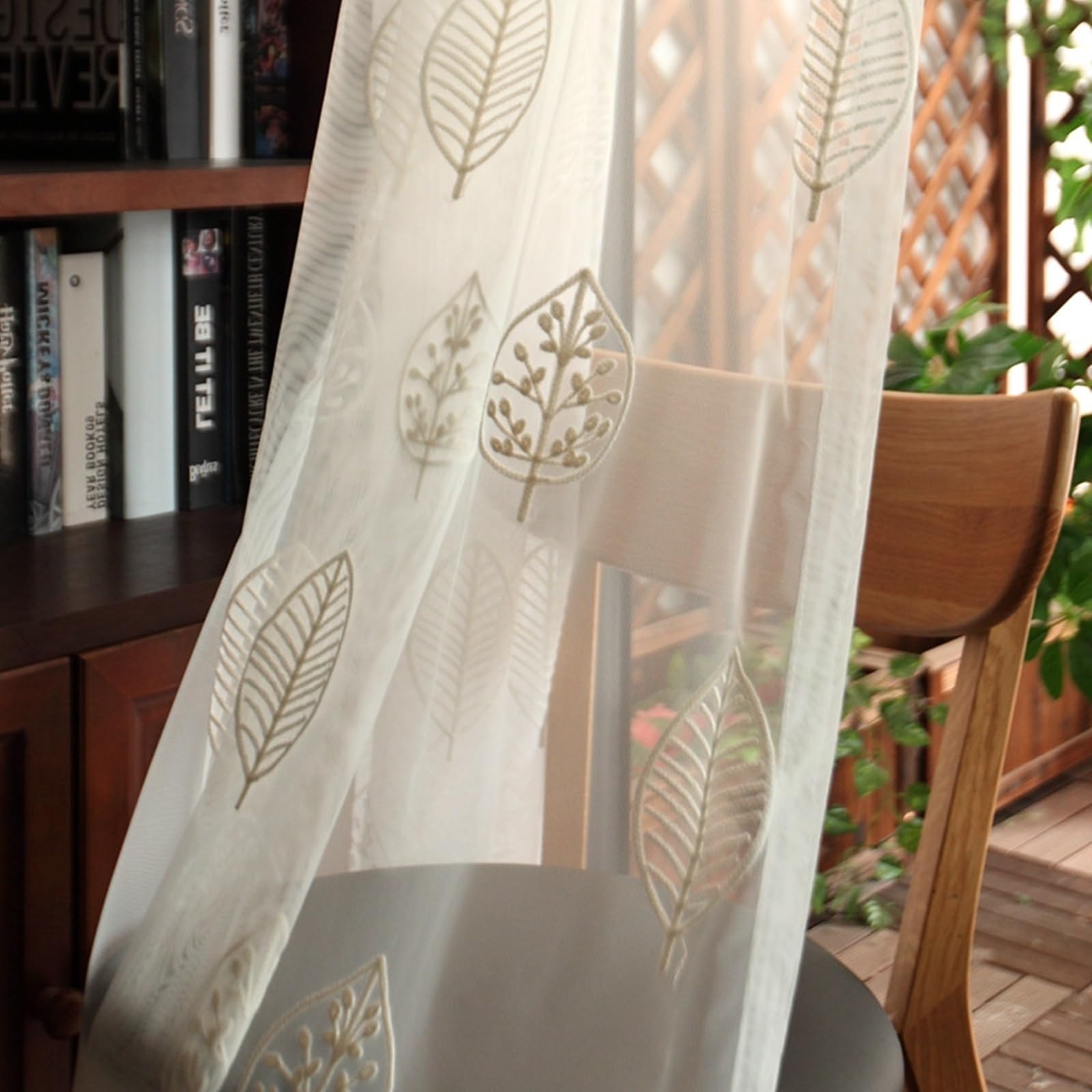 KnSam Rideaux Voilages Blanc avec Oeillets, Rideau Broderie Feuilles Moderne, 2 Panneaux, 274 x 214cm (1 Panneau: 137 x 214cm)
