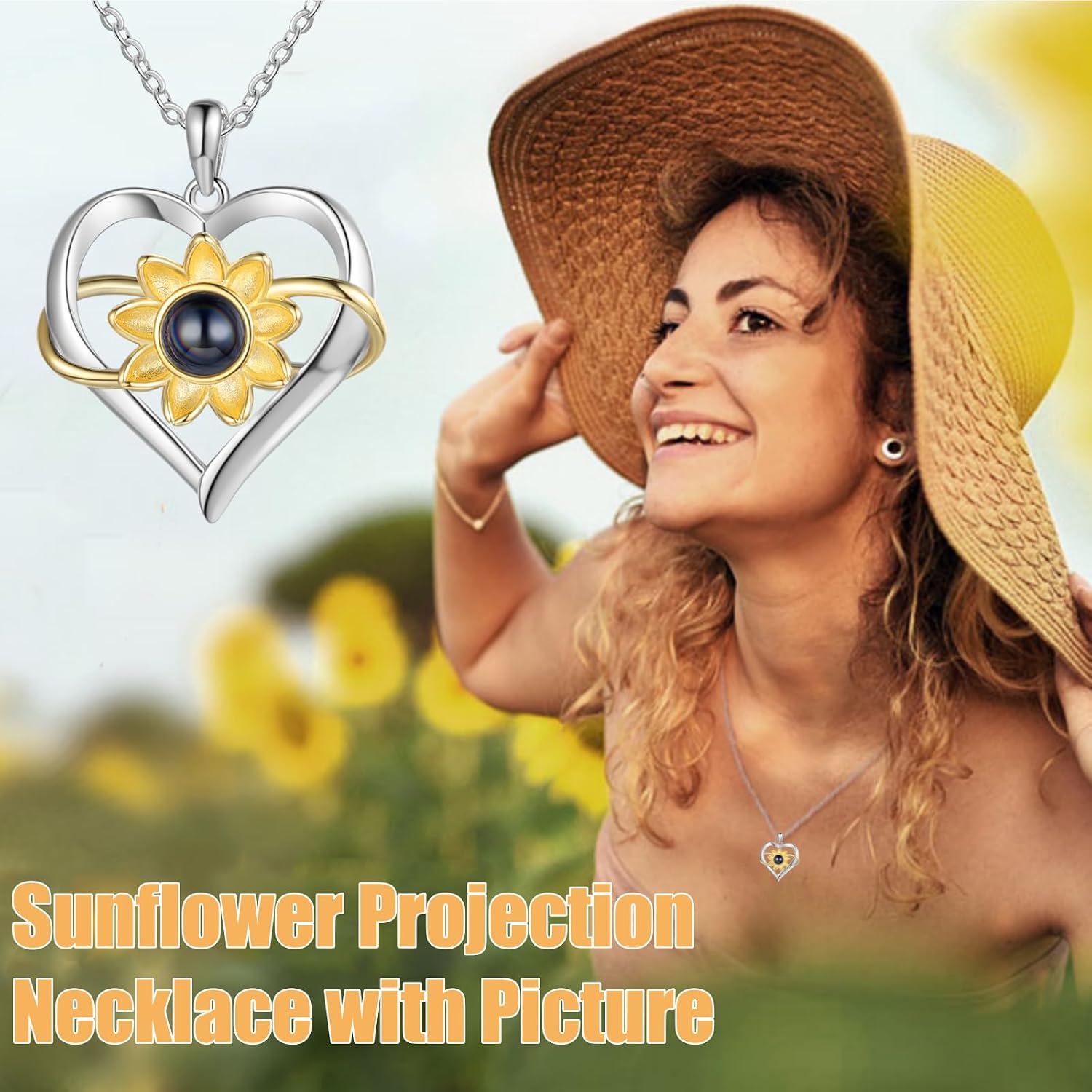 Nameinhea Projection Necklace with Picture Inside Custom Photo Sunflower Necklace for Women Memorial Necklace with Picture Mom Necklace