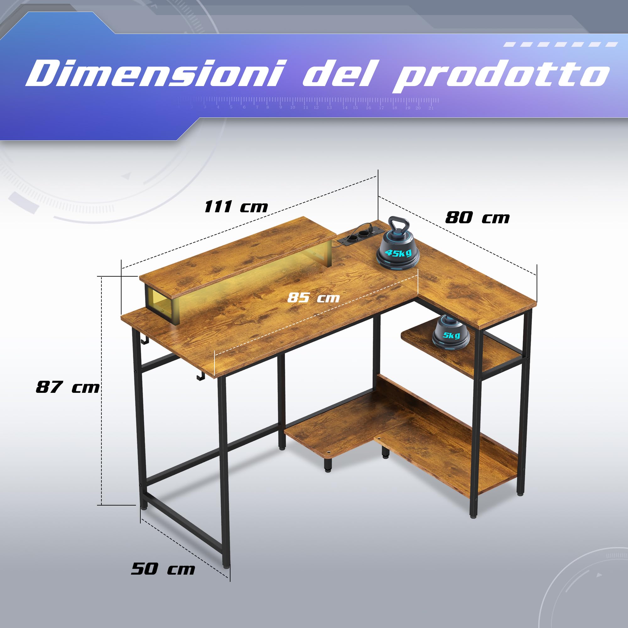 DEVAISE Scrivania Gaming Angolare 110x80cm, Scrivanie a L Salvaspazio con LED RGB, Scrivania da Ufficio con Corrente e USB, Supporto Monitor Ergonomico e Mensole per Camera e Studio, Rustic Brown