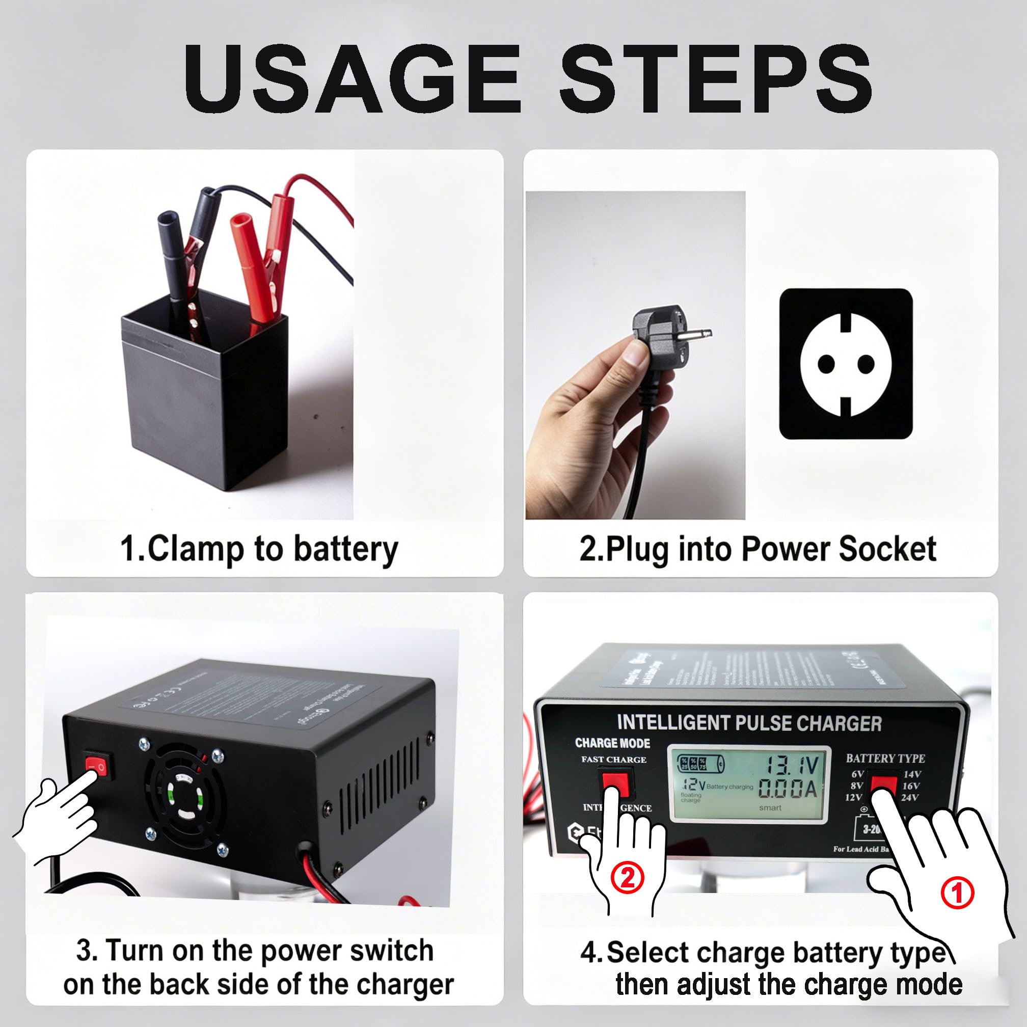 Etrogo Ładowarka do akumulatora samochodowego, inteligentna ładowarka pulsacyjna 6 V/8 V/12 V/14 V/16 V/24 V 250 W 10 A z automatycznym wykrywaniem, naprawą, funkcją konserwacji