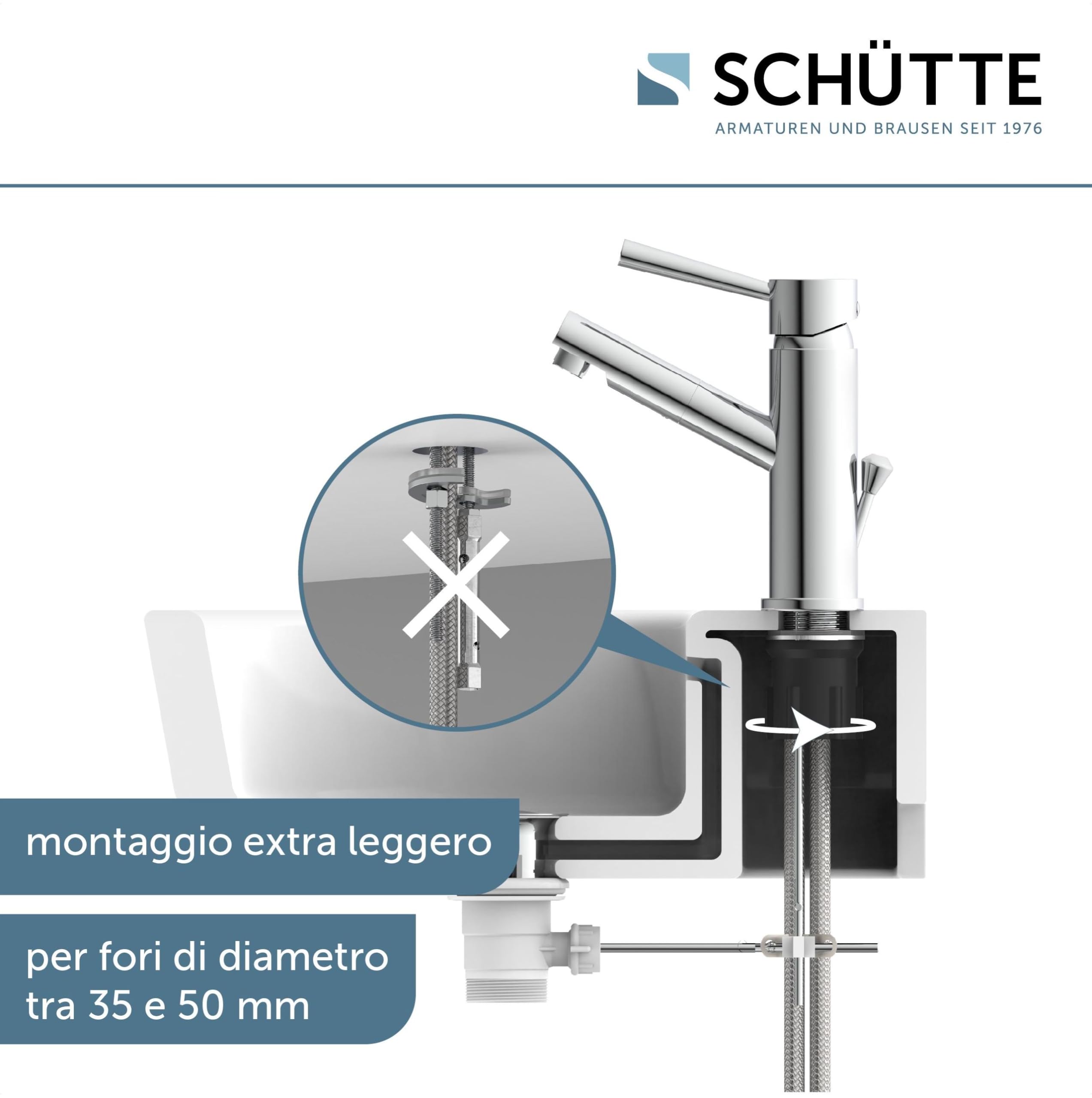 Miscelatore per lavabo SCHÜTTE Cornwall, miscelatore per bagno, rubinetto per bagno, miscelatore monocomando con scarico a scomparsa, cromo, metallo, alta pressione