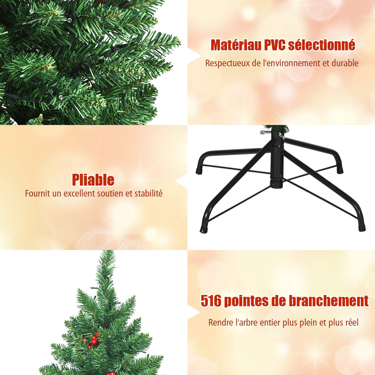 COSTWAY Sapin de Noël Artificiel avec Lumière LED 135 cm, Arbre de Noël avec Pommes de Pin et Baies Rouges, avec 516 Branches, Aiguilles en PVC, avec Support Métallique Robuste, Vert (135CM)
