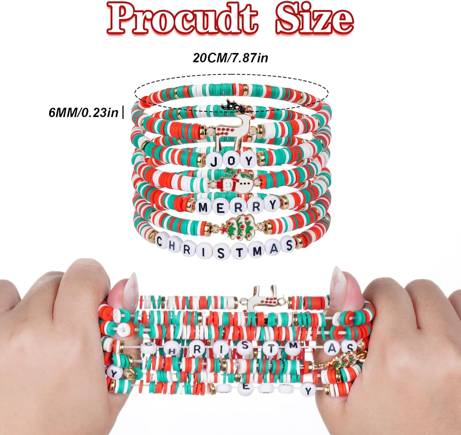 hoyuwak Festive Christmas Bracelets Set of 6 - Adjustable Holiday Charm Bracelets for Christmas Decorations, Red Green Candy Colors, Gift for Women Teens Girls - Image 2