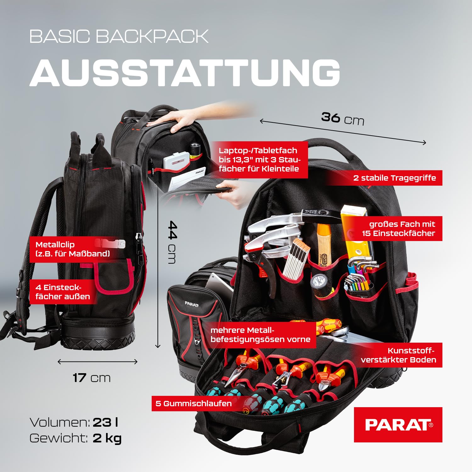PARAT BASIC Backpack | Inkl. BASIC Roll-Up Case 8 | Werkzeugrucksack 23L für Elektriker | Robuster Nylon Rucksack | Werkzeugrucksack mit 15 Fächern & 6 Gummischlaufen | Elektriker Rucksack