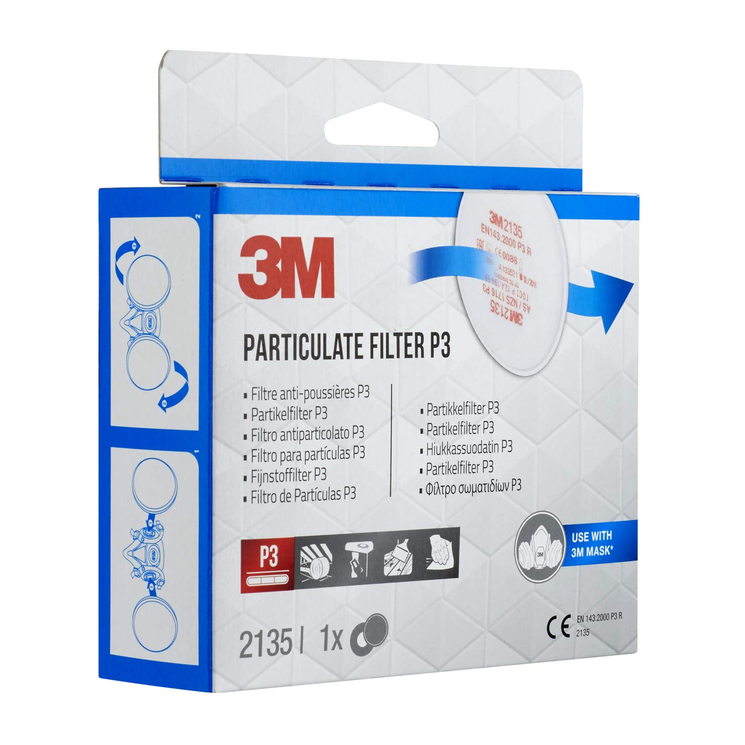 3M Filtr cząstek stałych – filtr drobnego pyłu z poziomem ochrony P3 do masek respiracyjnych 3M – 1 para filtrów P3 z innowacyjną technologią filtra 2135PRO1, biały
