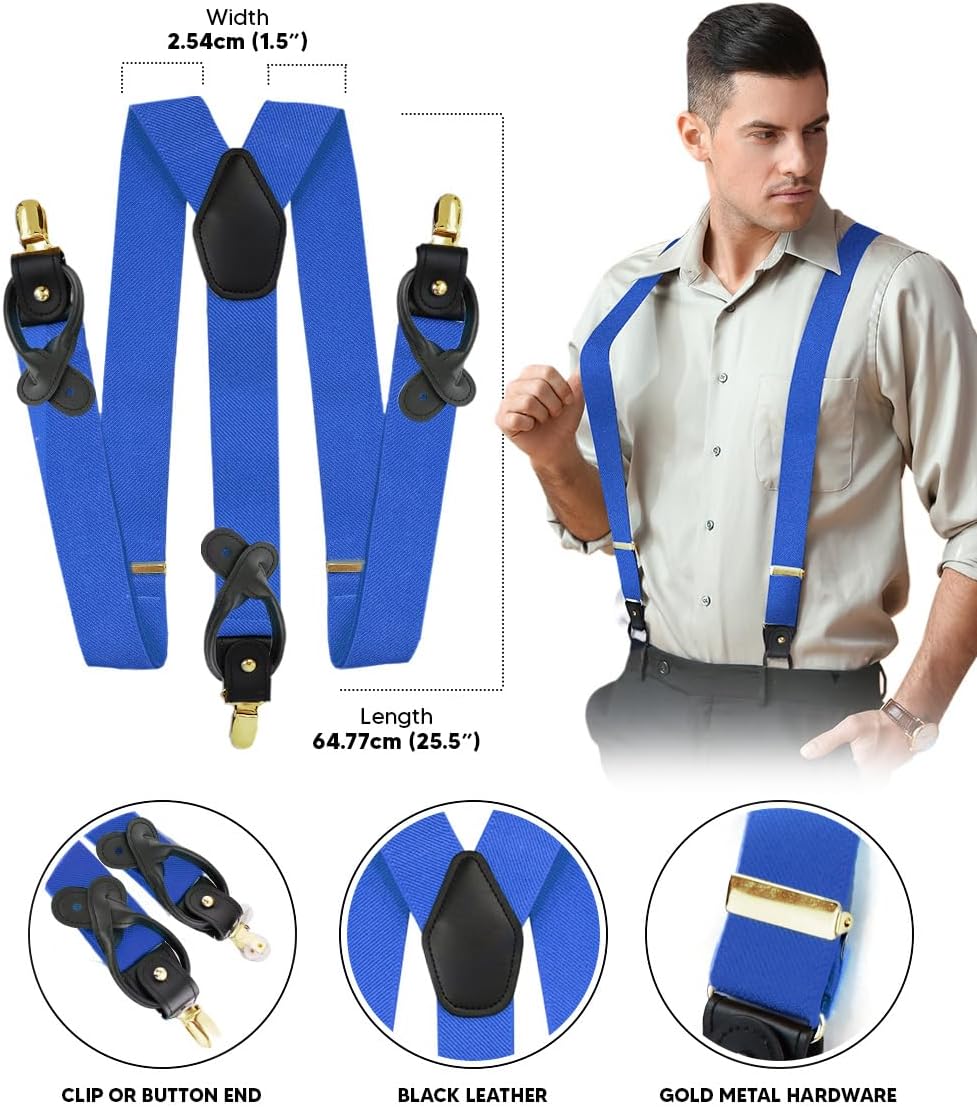 Convertible Suspenders with Interchangeable Clip & Button End Styles, Elastic Y-Back