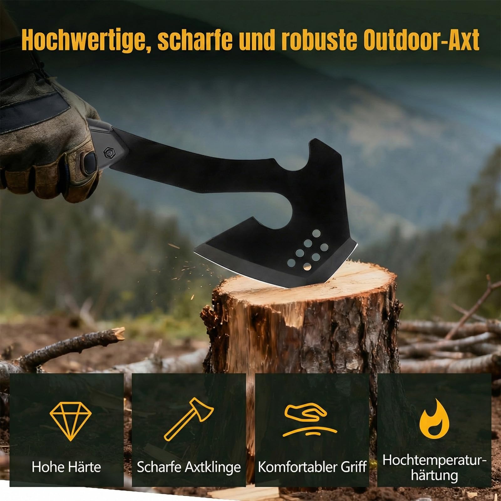 ISEYOU Campingbeil Axt Klein - Outdoor Handbeil aus 420 Edelstahl mit Nylonscheide - Scharfes Spaltbeil für Brennholz, Garten & Bushcraft - Robustes Universalbeil & Trekking Beil