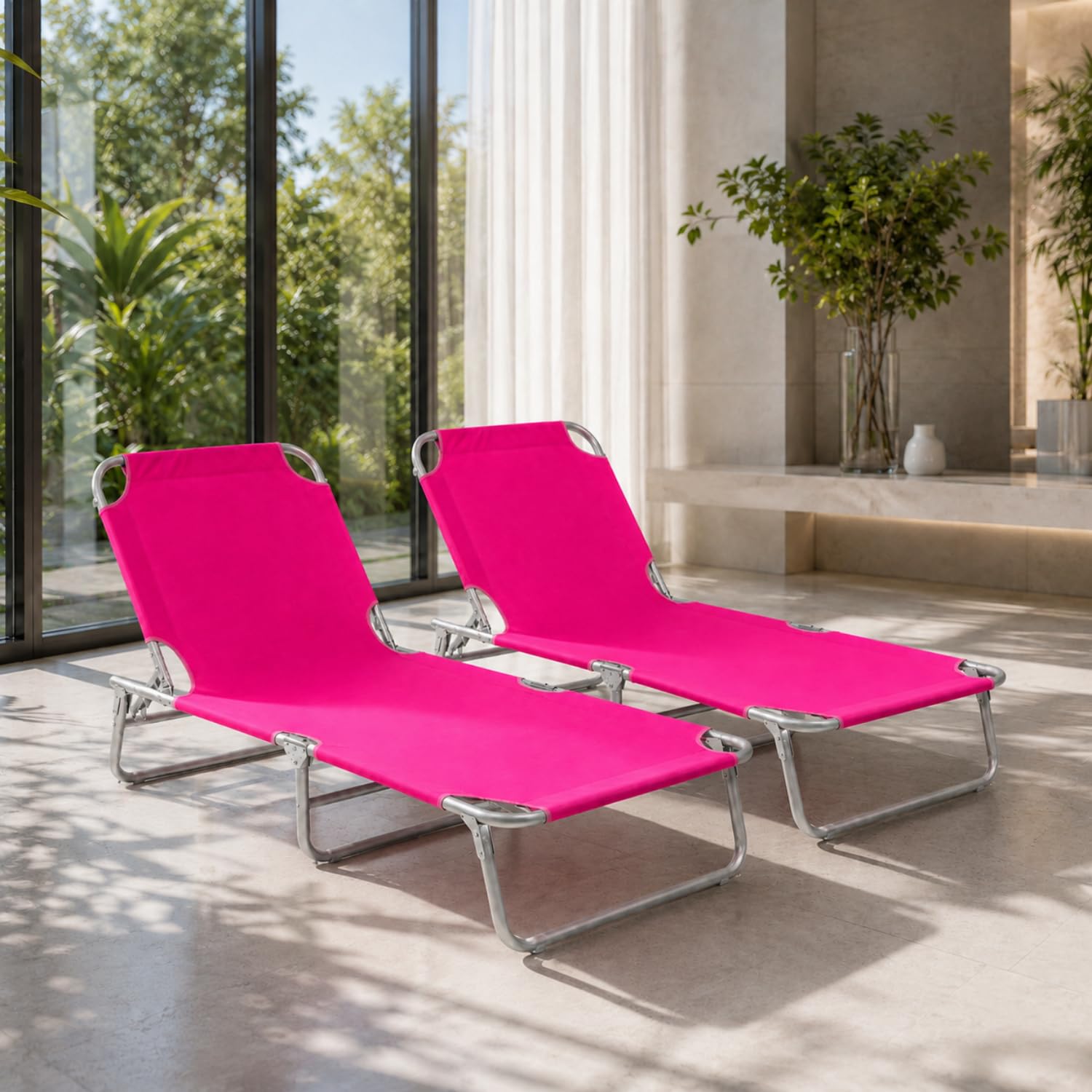 Set Di Lettini Pieghevoli Prendisole Senza Tettuccio Parasole Schienale Reclinabile Regolabile Struttura In Metallo Per Spiaggia Mare Giardino Piscina Rosa