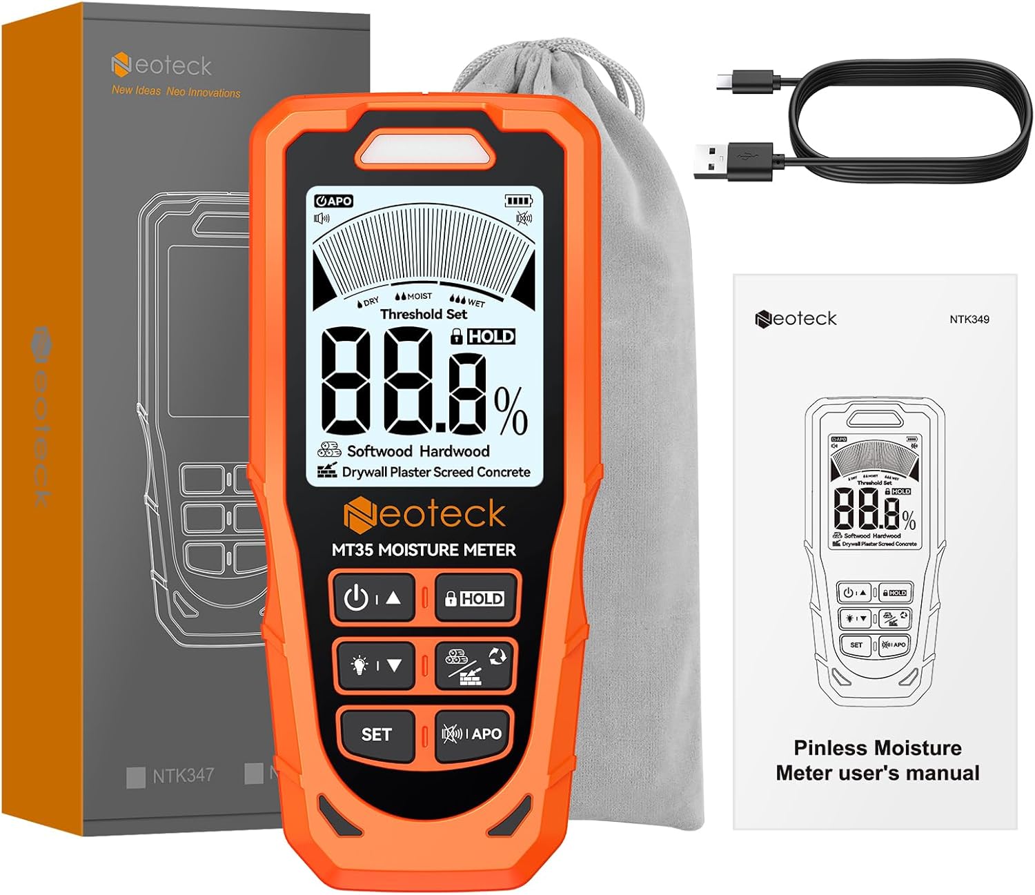 Image showing the Neoteck MT35 moisture meter, Type-C cable, instruction manual, and storage pouch included in the package.