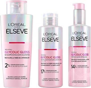 L'Oréal Paris Elvive Glycolic Gloss Shampooing 200ml + Sérum sans Rinçage 150ml + Traitement Laminant en 5 minutes 200ml Cheveux Ternes et Poreux Brillance Intense et Durable - 3 Flacons