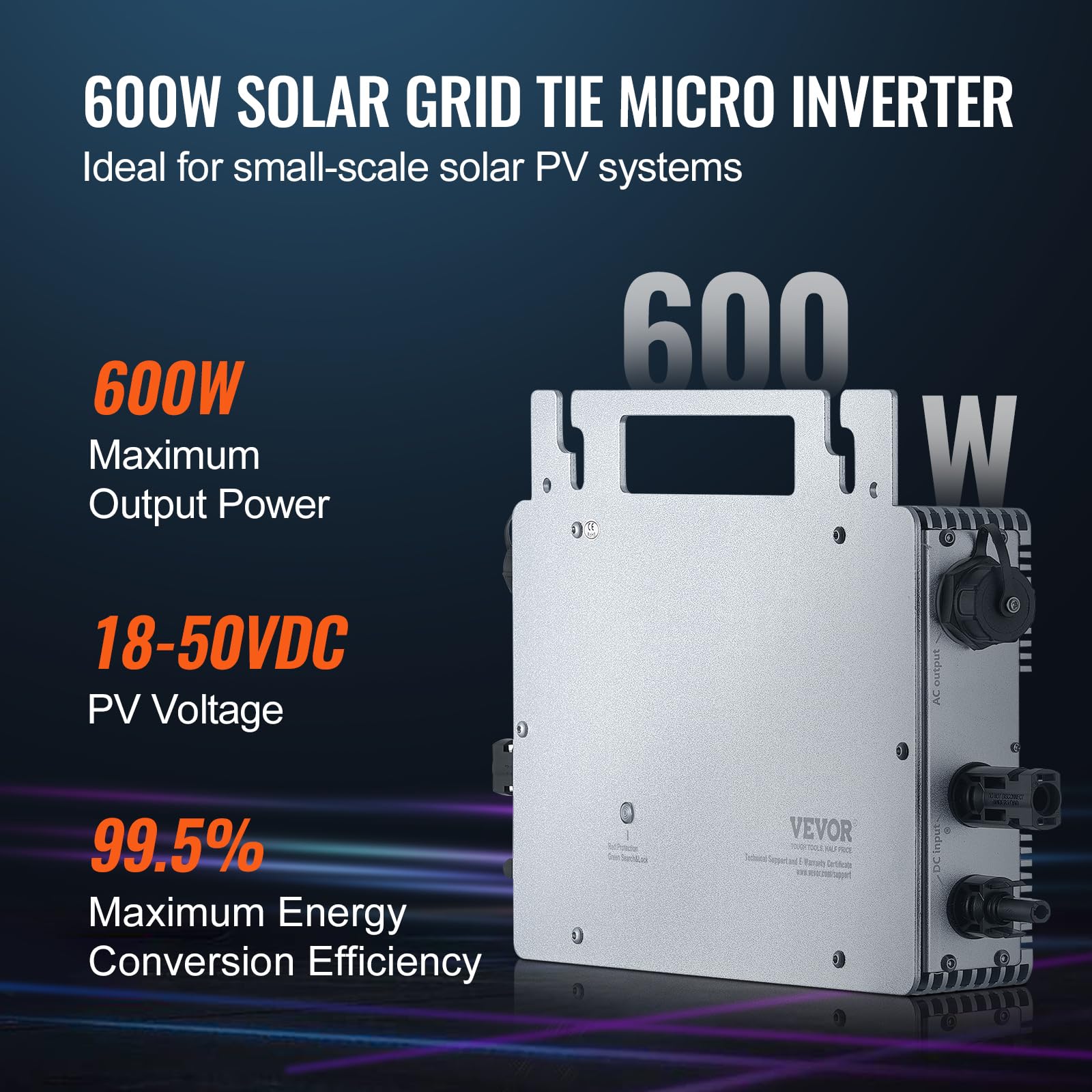 VEVOR Micro inverter per collegamento, 600 W, Micro inverter solare, IP67 Impermeabile Inverter per collegamento alla rete solare DC18-50V antenna WiFi APP, per sistemi di pannelli solari