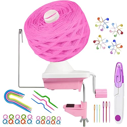 Ayasee Yarn Ball Winder, Yarn Winder for Crocheting Spinner Knitting Hand Operated Storage + 53 Pieces Stitch Knitting Needles + 1 Pieces Scissors (Pink)