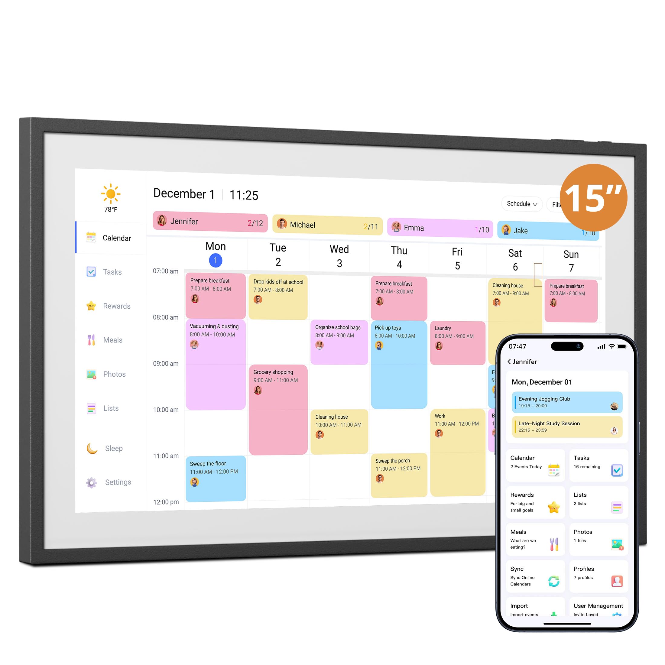 Calendario digital de pared de 15.6 pulgadas, pantalla táctil interactiva, calendario electrónico y concentrador familiar inteligente con sincronización entre dispositivos, recordatorios de horarios