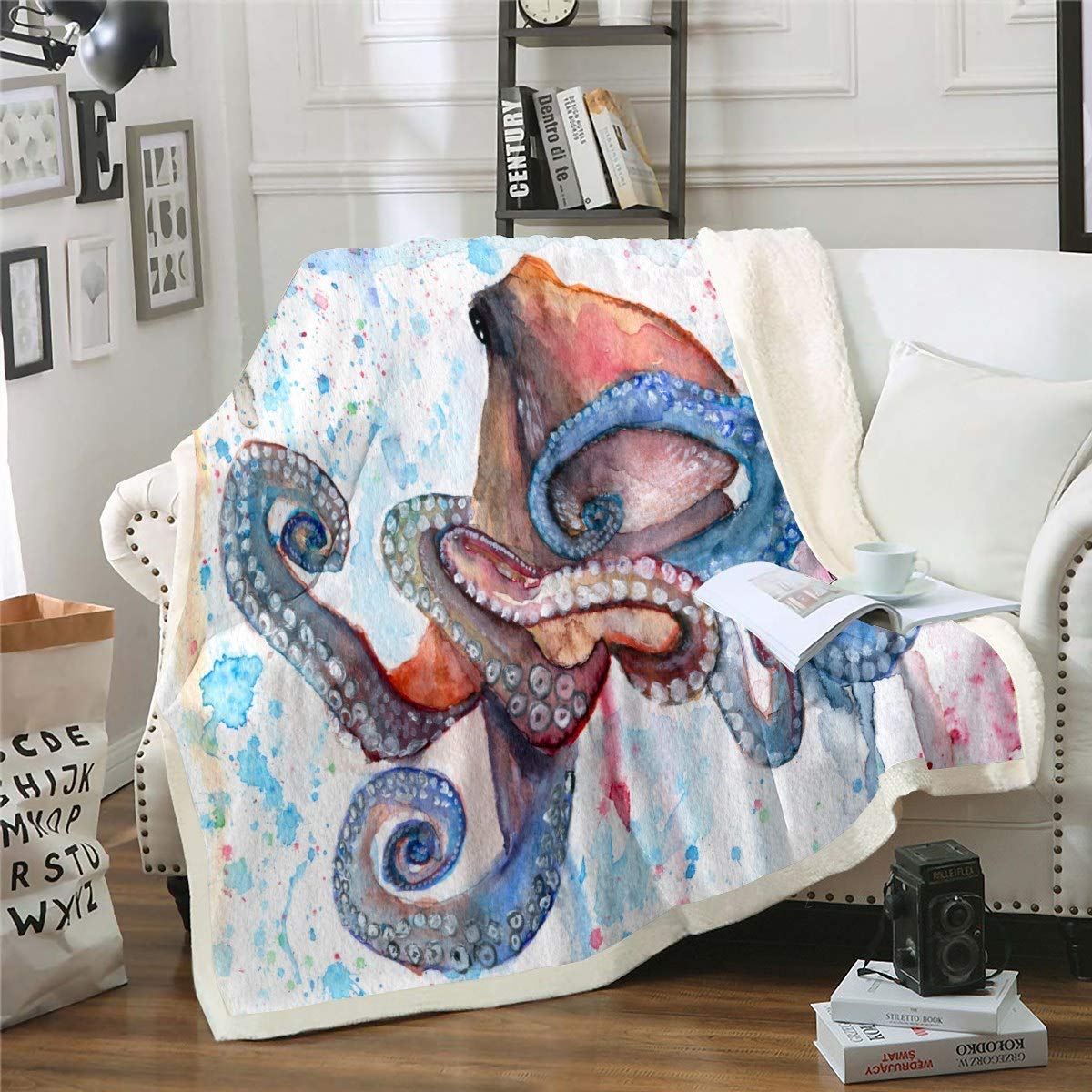 Loussiesd Octopus Sherpa Blanket for Sofa Bed Couch Ocean Kraken Print Fleece Throw Blanket Octopus Tentacles Watercolor Sea Marine Decor King 87"*94" Reversible — image 1