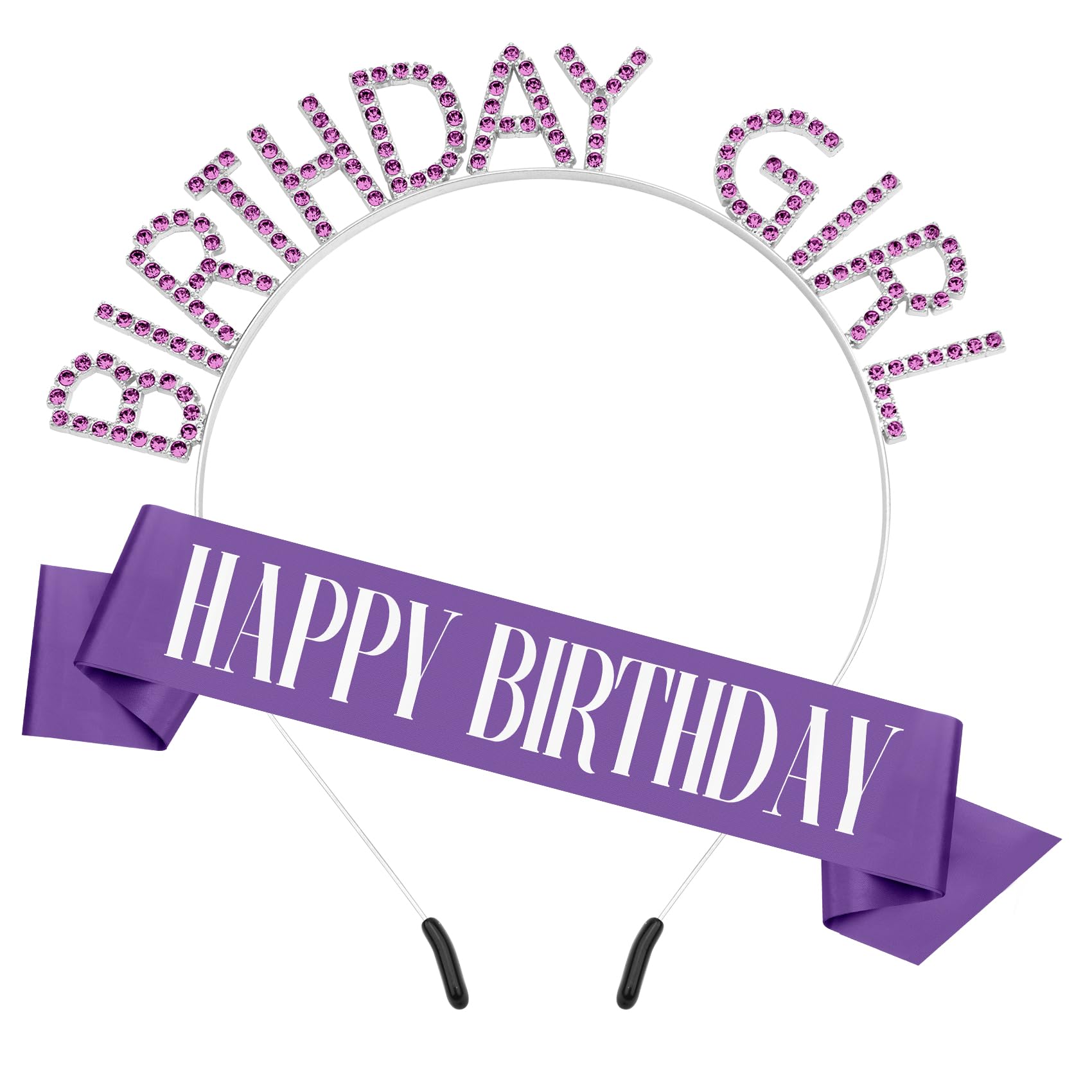 PQRUU Birthday Sash and Crown Girl Headband Tiara Rhinestone Happy Birthday Sash Purple Accessories Set Party Decorations Supplies Stuff Gifts for