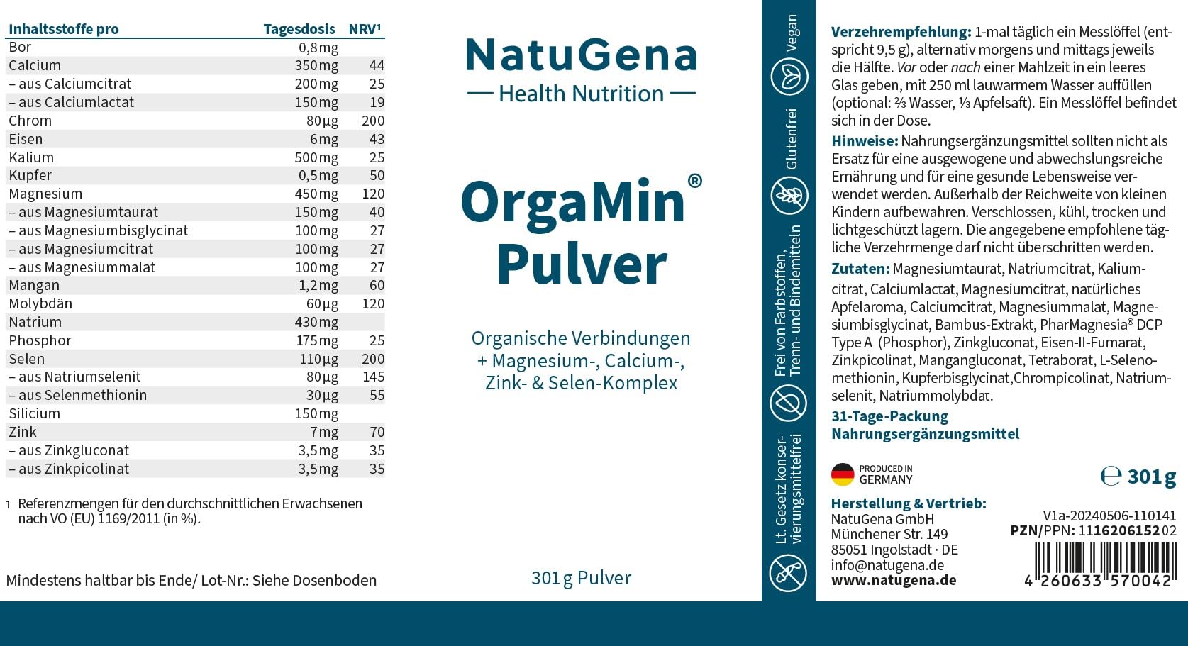 NatuGena OrgaMin Pulver, Säure-Basen-Haushalt, 14 verschiedenen Mineralstoffen an organischen Verbindungen, hoher Magnesiumanteil - 3 verschiedene Verbindungen, 301 g Pulver (31 Tage Packung)