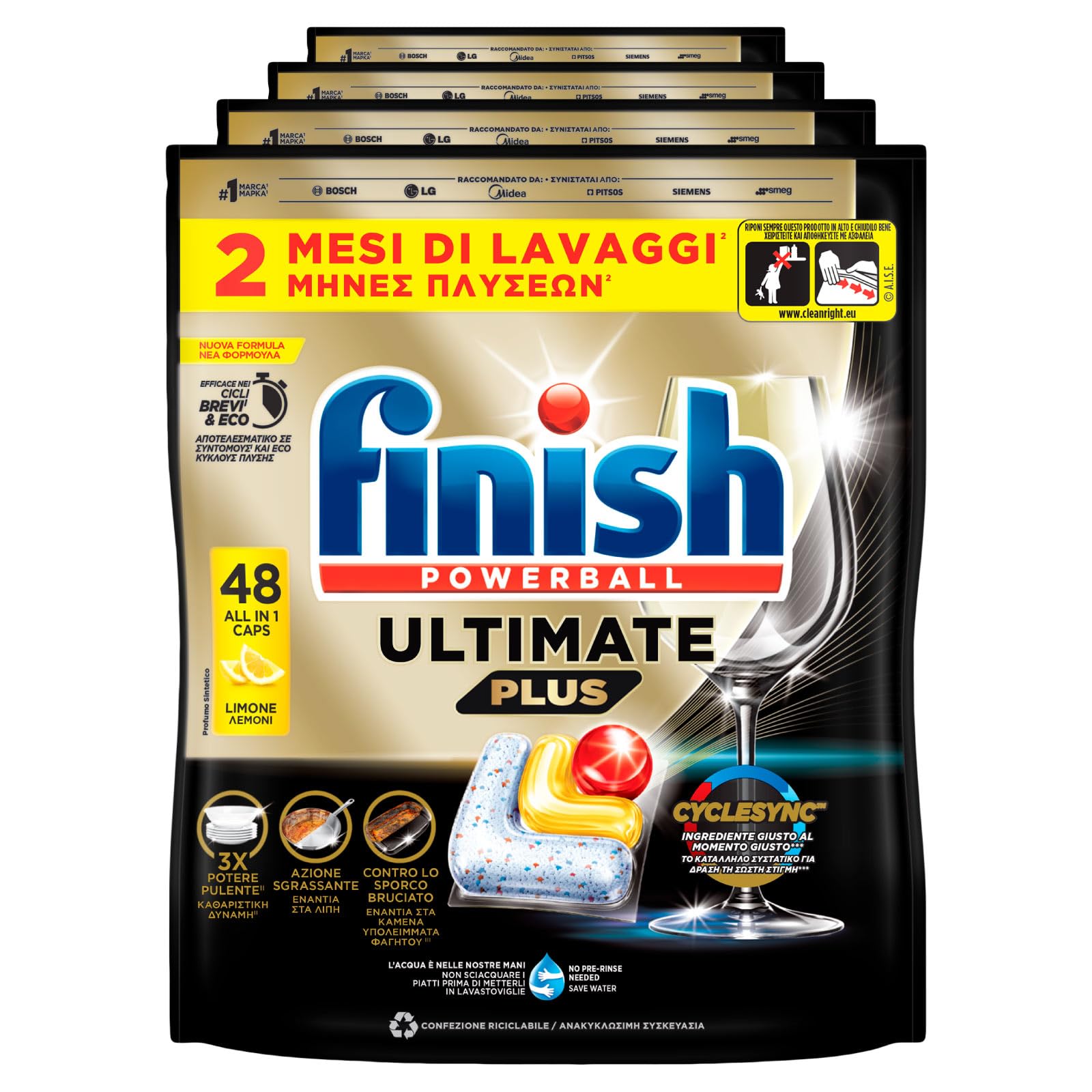 Finish Powerball Ultimate Plus 192 Pastiglie Capsule Limone Lavastoviglie Contro le Macchie di Bruciato Brillantezza Eccezionale Pulizia Intensa - 4 Confezioni da 48 Tabs
