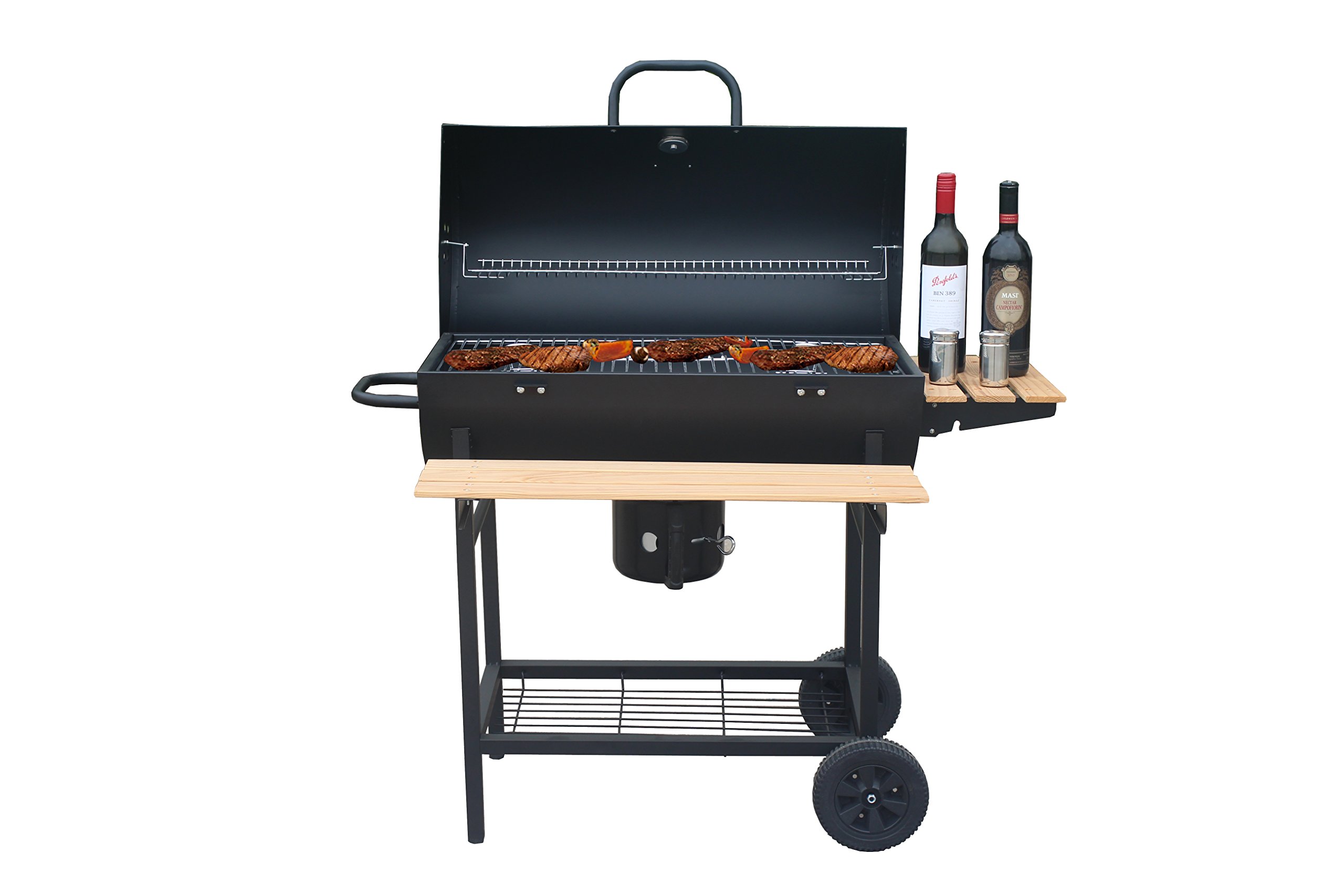tectake® Houtskoolgrill met Thermometer - Smoker met Deksel, Opklapbaar Zijrek met Haken - Houtskoolgrill met In Hoogte Verstelbare Houtskoolbak - Mobiele Grillwagen, Barbecuegrill met Aslade