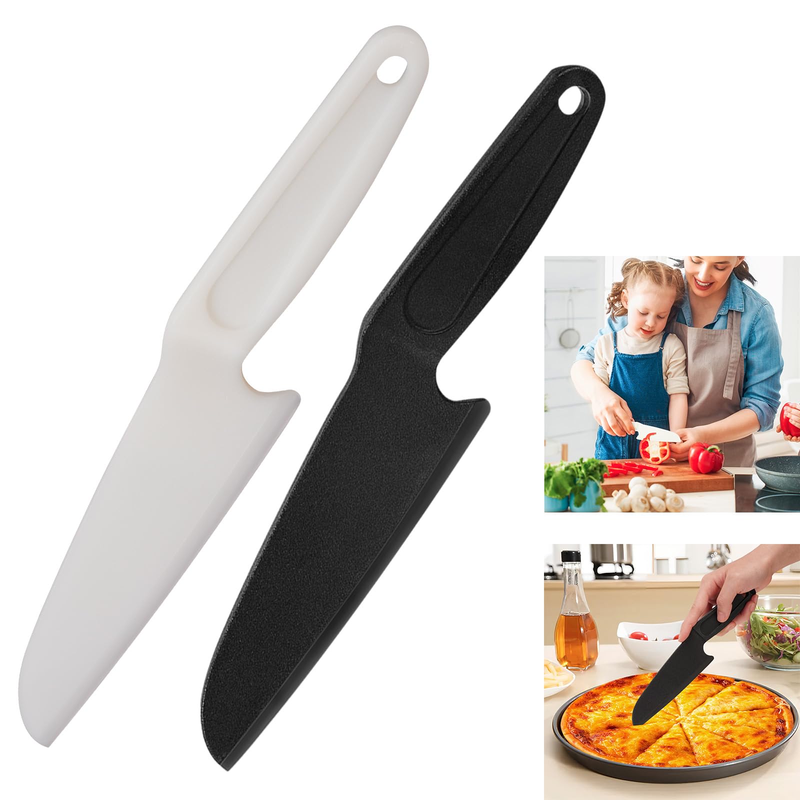 2 Stück Nylonmesser für antihaftbeschichtete Pfannen, sicheres Messer für Kinder, Kunststoffmesser für echtes Kochen, lebensmittelechtes Nylon, hitzebeständig bis 220 °C (2 Kämme, Schwarz-Weiß)