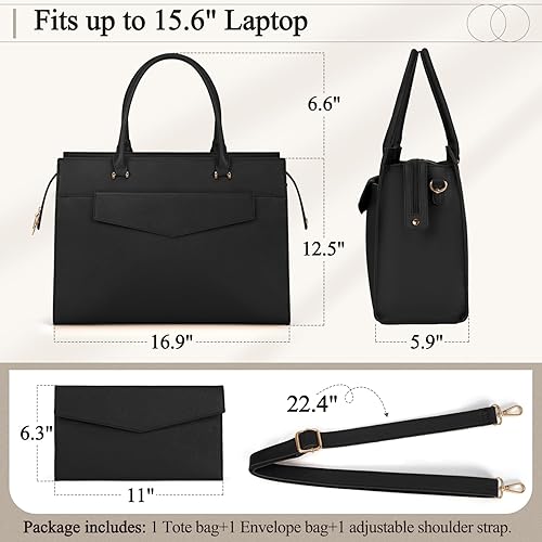 Miniatura 4 de Bolsa de cuero para laptop de 15.6 pulgadas para mujer, juego de 2 bolsas de trabajo profesional con bolso de mano, bolsa grande para computadora de