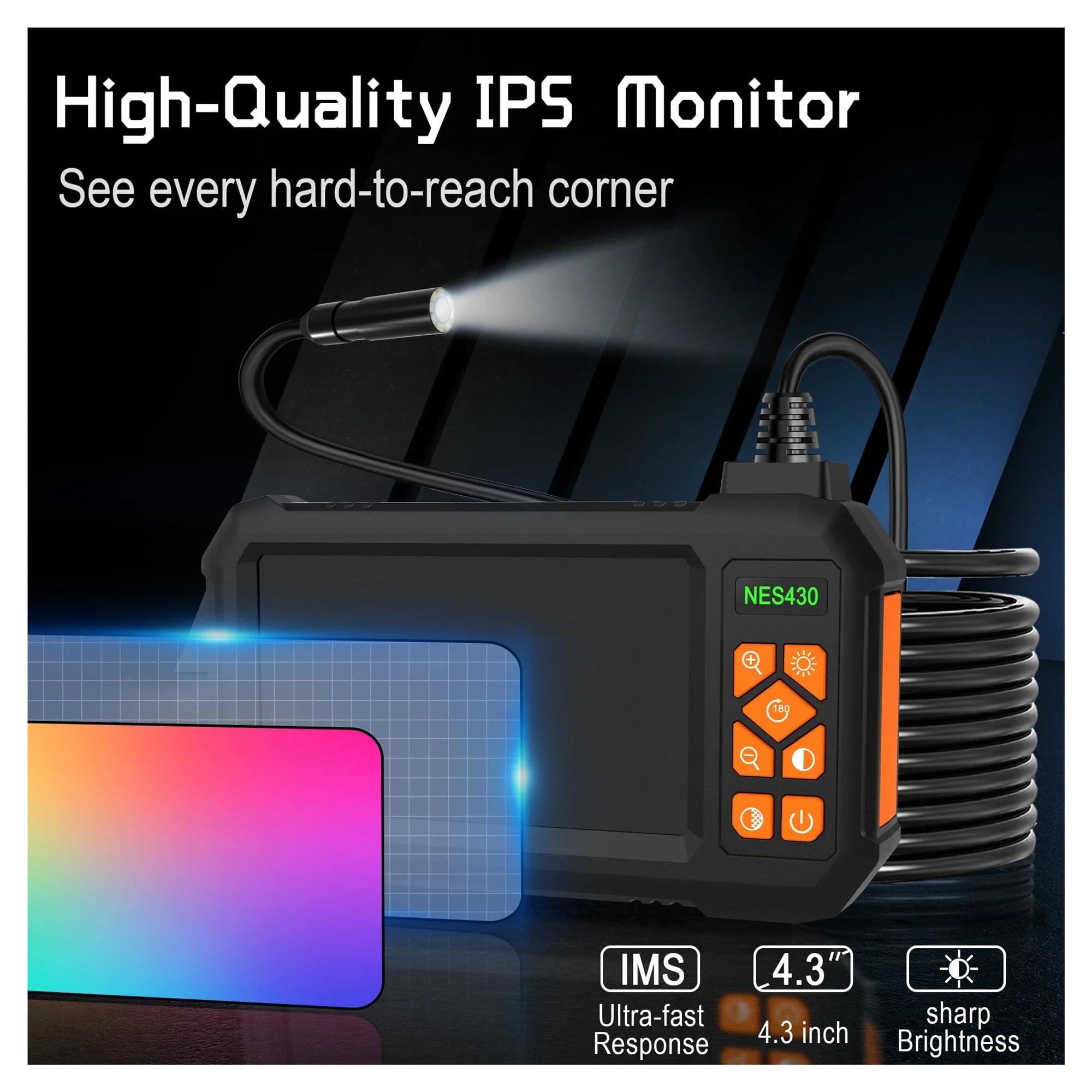 Telecamera di ispezione impermeabile IP67 periscopio HD 1080P da 4,3" con cannocchiale semirigido a 8 LED(2m)