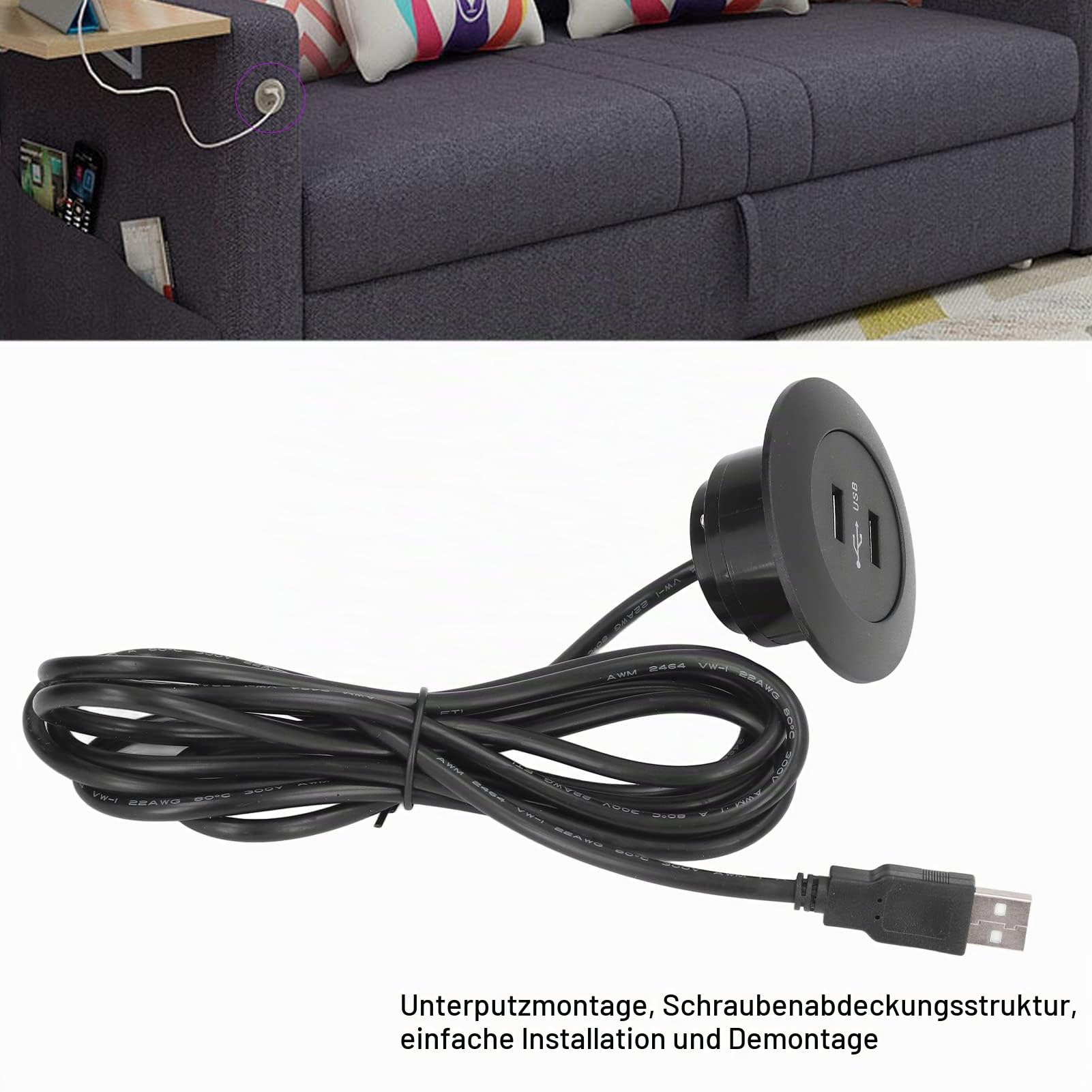 Septpenta Sofa Dual USB Ladebuchse, Einbau Power Hub, ABS Material, 2,5 M Langes Kabel, Geeignet für Den Heim und Bürogebrauch(Schwarz)