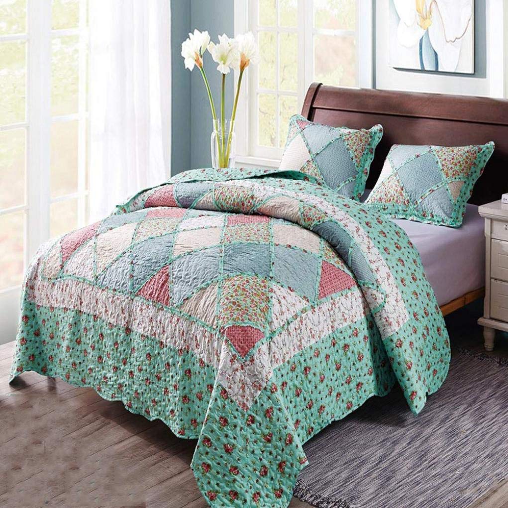 Sjdopulse L 220X240cm Vintage Patchwork Bedspread Reversible Quilted Quilt With 2 Pillowcase Warm Coverlet Bed Cover Home Decor, B, 220X240cm