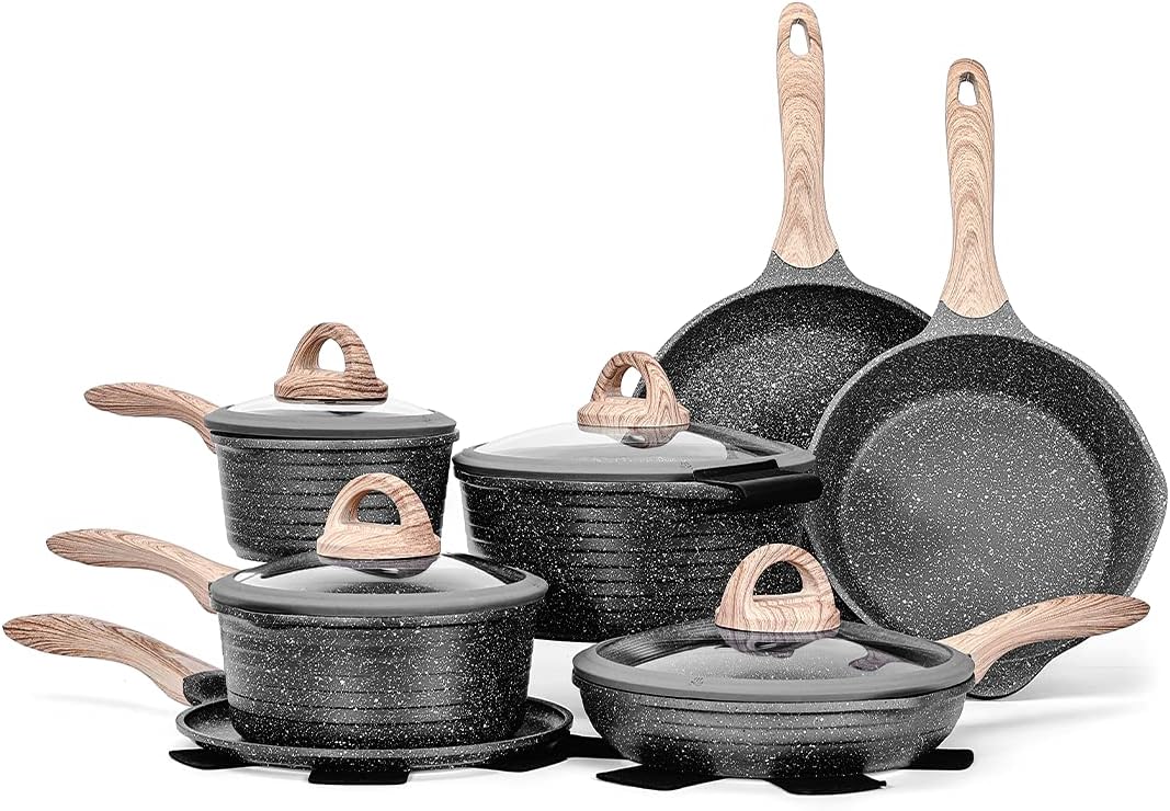 Up To 40% OFF JEETEE Kitchen Pots and Pans Set Nonstick, Induction Granite Coating Cookware Sets 18 Pieces with Frying Pan, Saucepan, Sauté Pan, Griddle Pan, Cooking Pots, PFOA Free, (Grey, 18pcs Cookware Set)