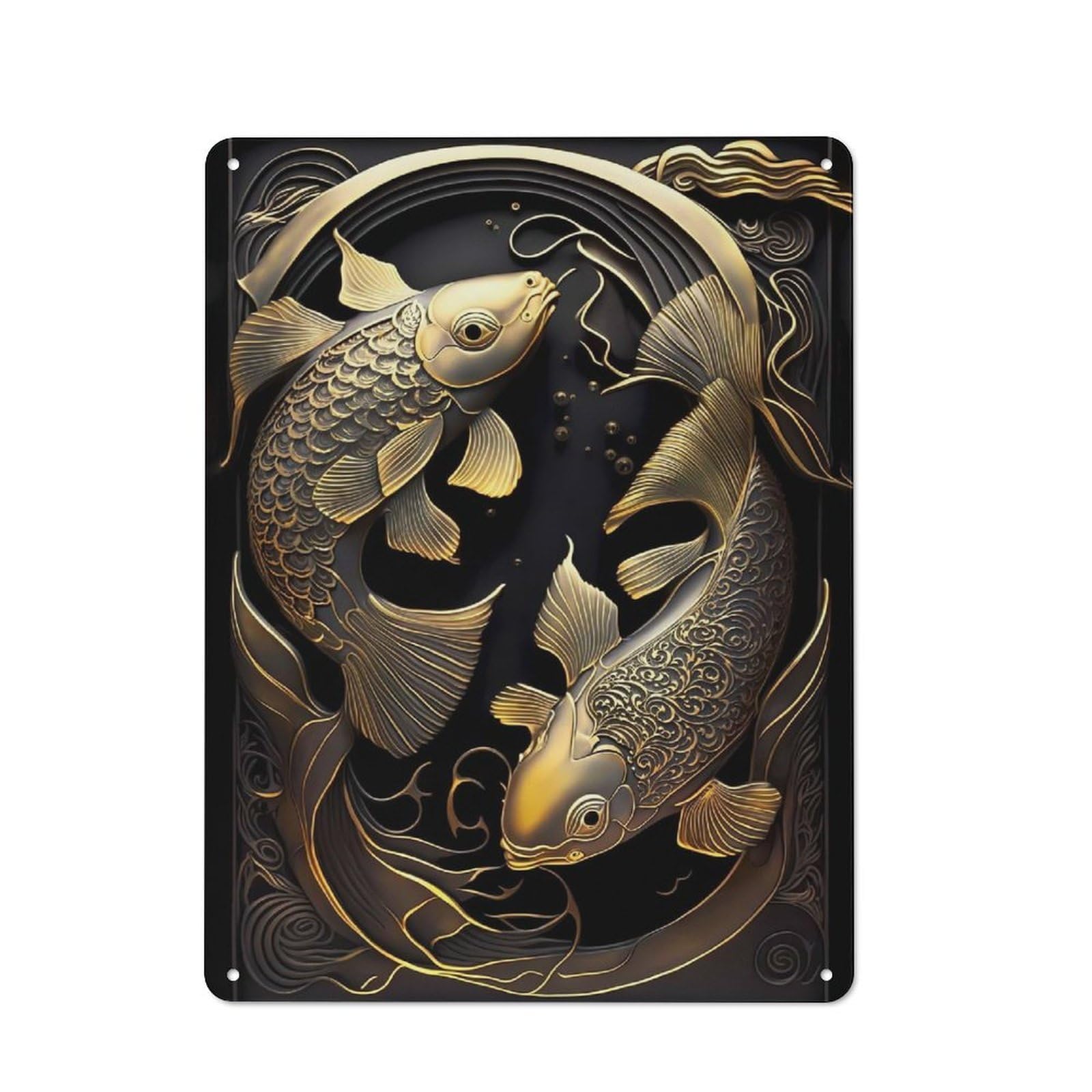 Junmoney Style-3 Garden Style Golden Japan Fish Tin Sign 40X30cm, Porch Wall Decor For Patio Bar, Workshop, Shed Or Kitchen