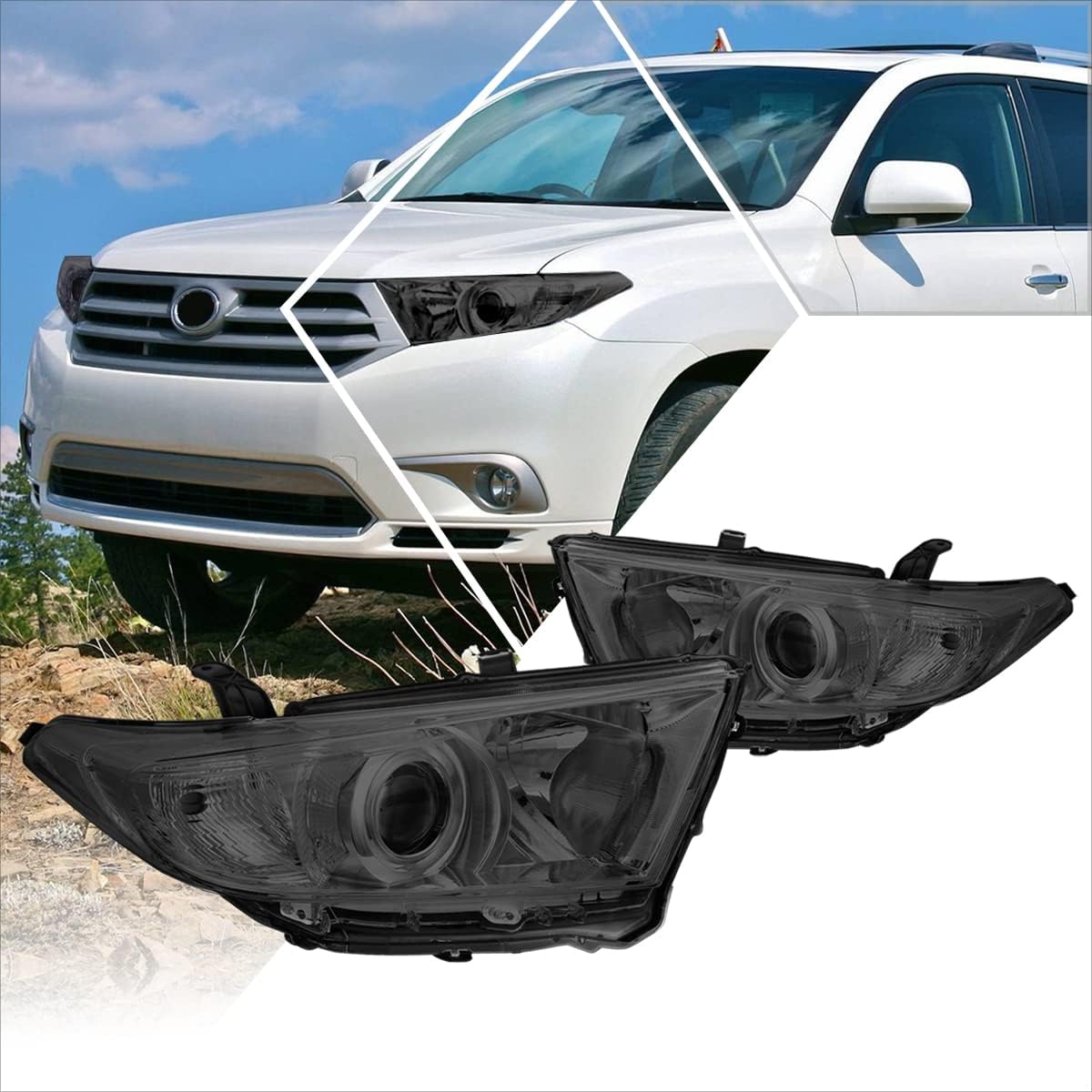 PM PERFORMOTOR Headlights Assembly Compatible with 2011 2012 2013 Toyota Highlander, Pair of Projector Headlamps with Amber Corner