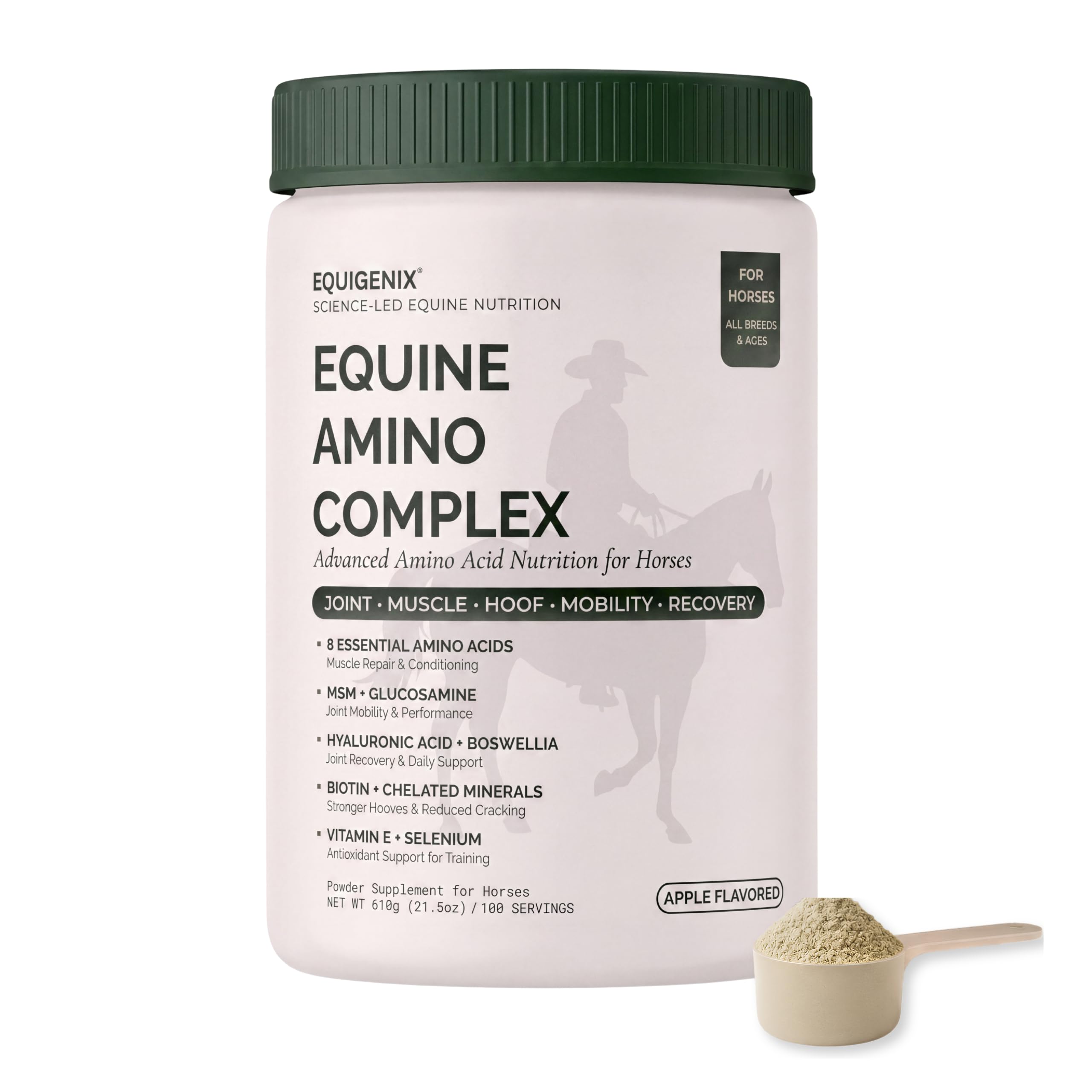 Horse Joint Supplement Powder - 8 Amino Acids with MSM, Glucosamine &amp; Vitamin E for Muscle, Hoof, Mobility &amp; Recovery - Coat Defense &amp; Weight Gain Supplement, Apple Flavor, 100 Day Supply, 1 Pack