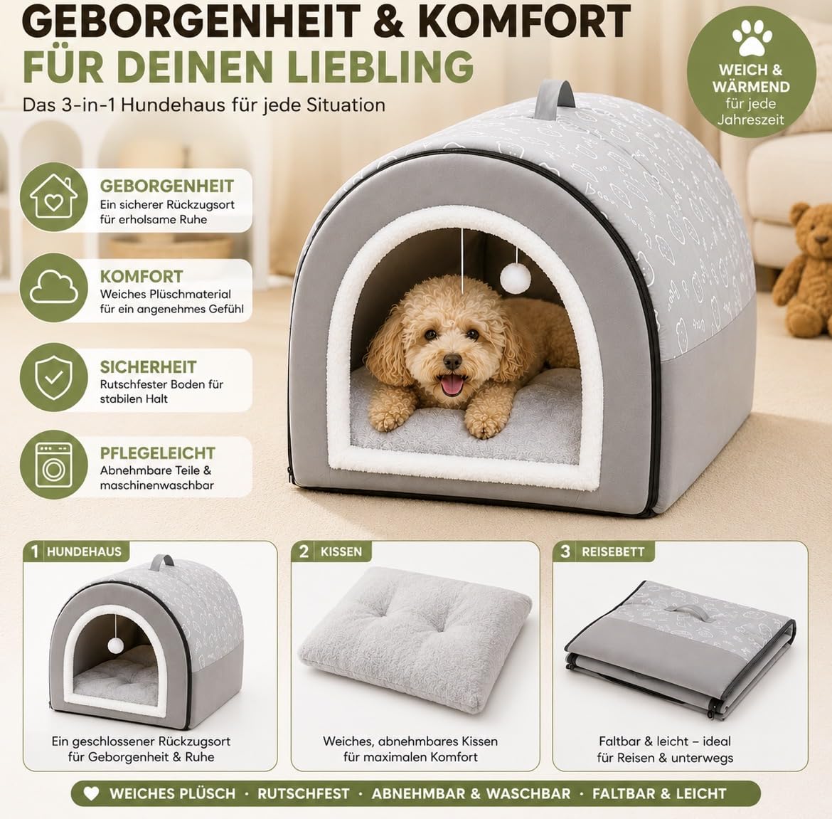 Hundehütte Hundehöhle Exklusives Haus Hund oder Katze | 2 Farben Komfortabel und Waschbar (Grau und Braub L)