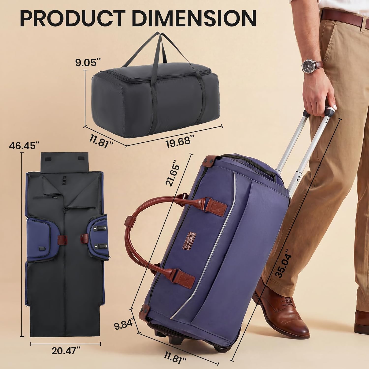Fanwoli Carry On Rolling Garment Bag With Wheels, TSA Approved Airline Compliant Suit Luggage, Convertible Wrinkle-Free Garment Duffle Bag For Travel, Business & Wedding Suit Carrier Weekender(Blue)