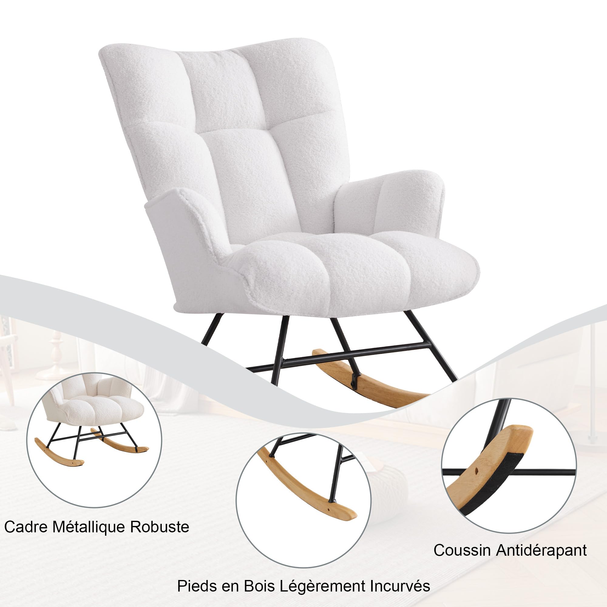 Fauteuil à Bascule, Tissu Teddy Peluche, Pieds en Bois d'Hévéa, Chaise d'Accent pour Nourrisserie, Salon, Chambre, Bureau(Blanc Teddy)