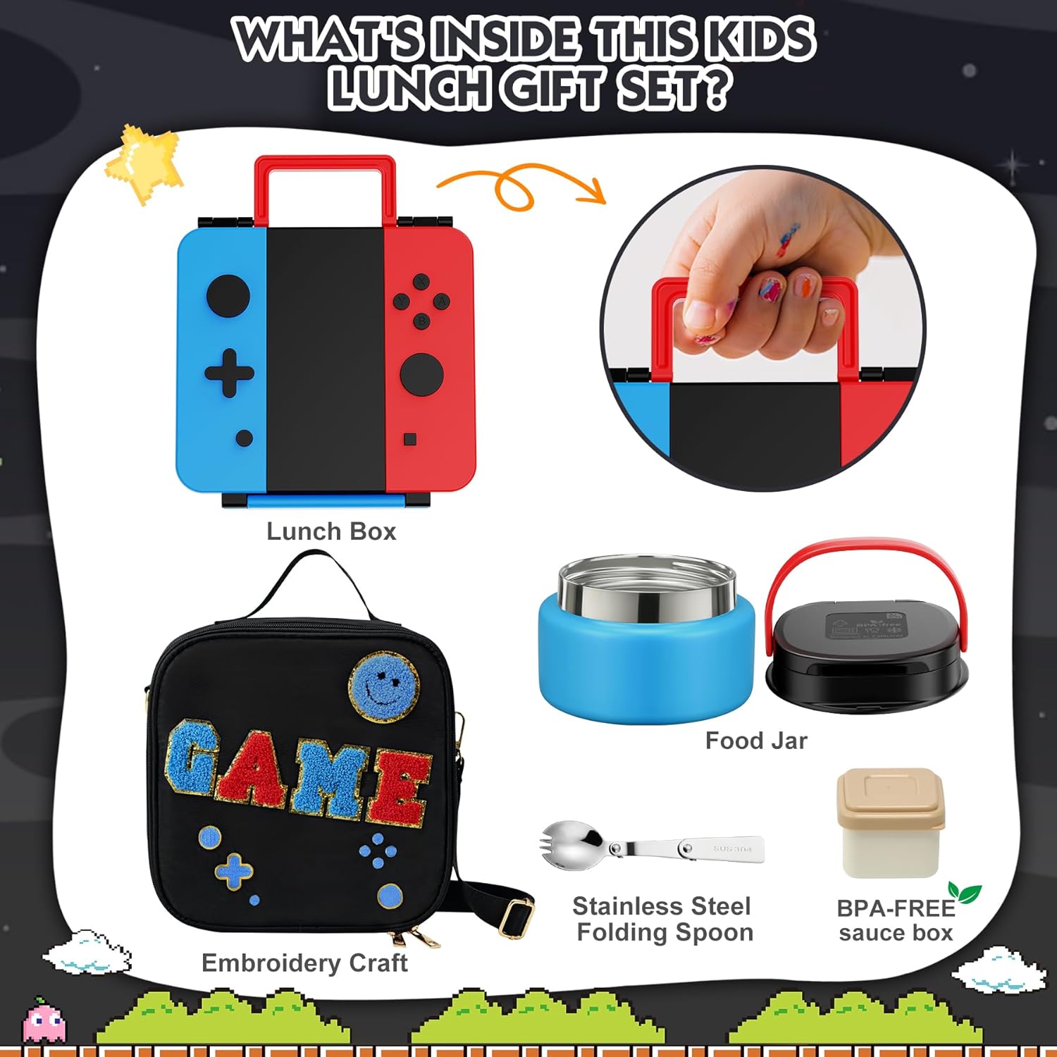 Game Lunch Box for Kids with Thermo 9oz Wide Mouth Stainless Food Jar and Insulated Lunch Bag Leakproof Lunch Box Set for Travel School - Image 2