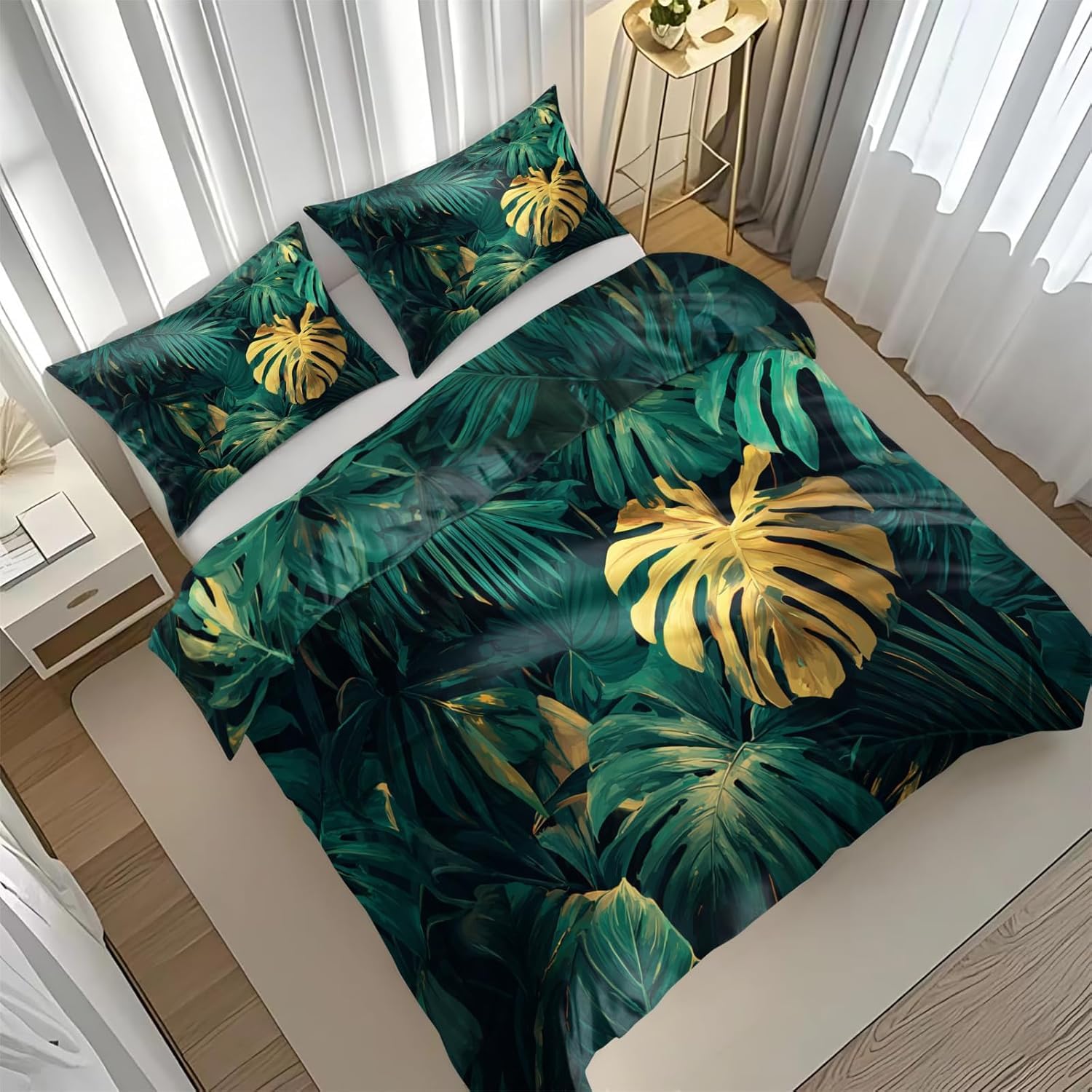 Funda Nórdica Cama 180 Hojas De Monstera y Palmera Reversible Funda de Edredón 135 x 200 cm Follaje Selvático Juego de Ropa de Cama 3 Piezas en Microfibra Transpirable con Cremallera y 2 Fundas d-87