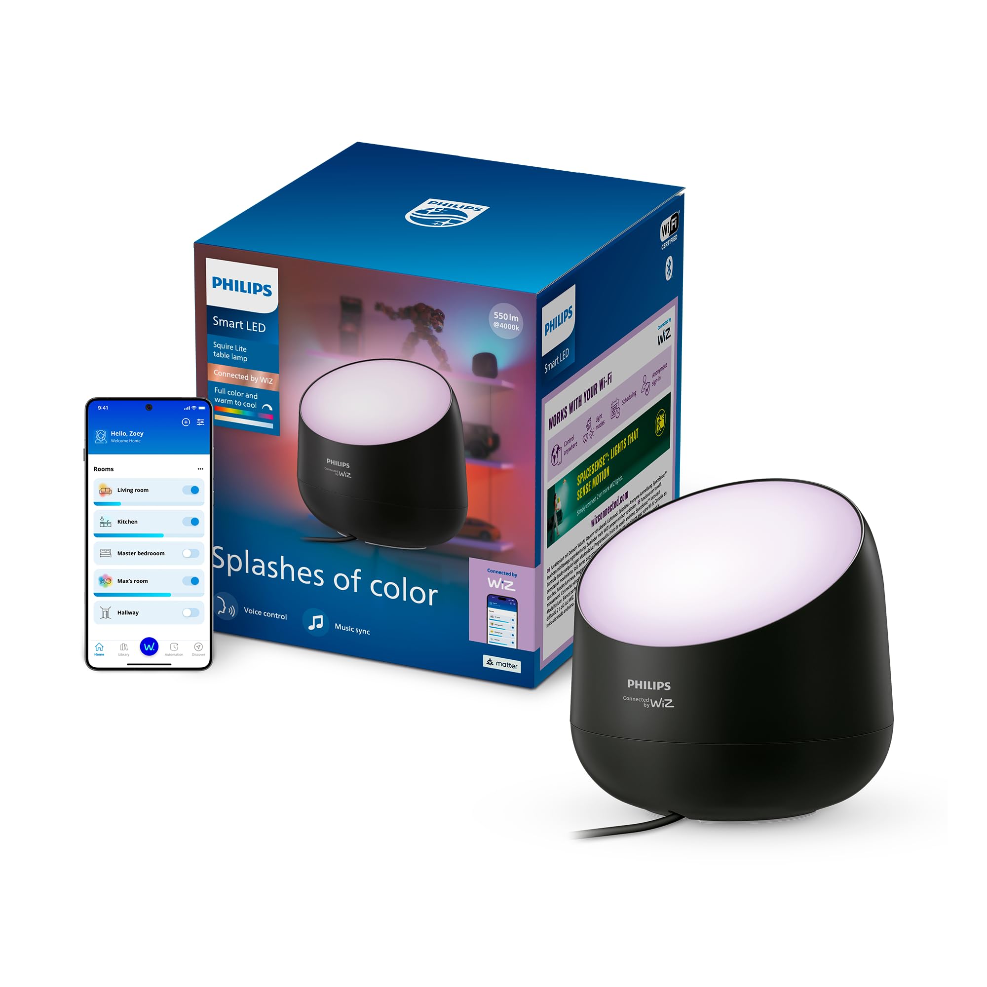 Philips Smart Lighting Squire Lite LED Table Lamp, Wall Washing Effects, Vibrant Color, Immersive Light, Ambient Lighting, Music Sync, Alexa, Google Home, Apple Home, Black