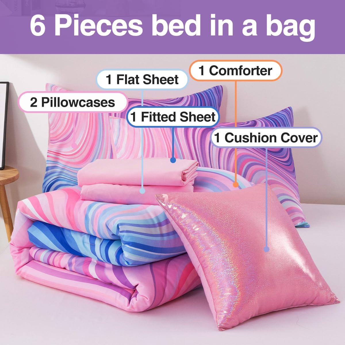 Btargot Super Soft 6 Pieces Gradient Star Ring Comforter Set, Colorful Glitter Rainbow Wave Stripes Pattern Bedding Set for Boys Girls Teens, Queen Drak Purple