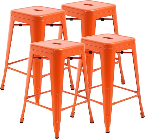 Juego de 4 taburetes de bar de metal, apilables, altura de mostrador, 24 pulgadas, para interiores y exteriores, taburete de bar sin espalda, Naranja