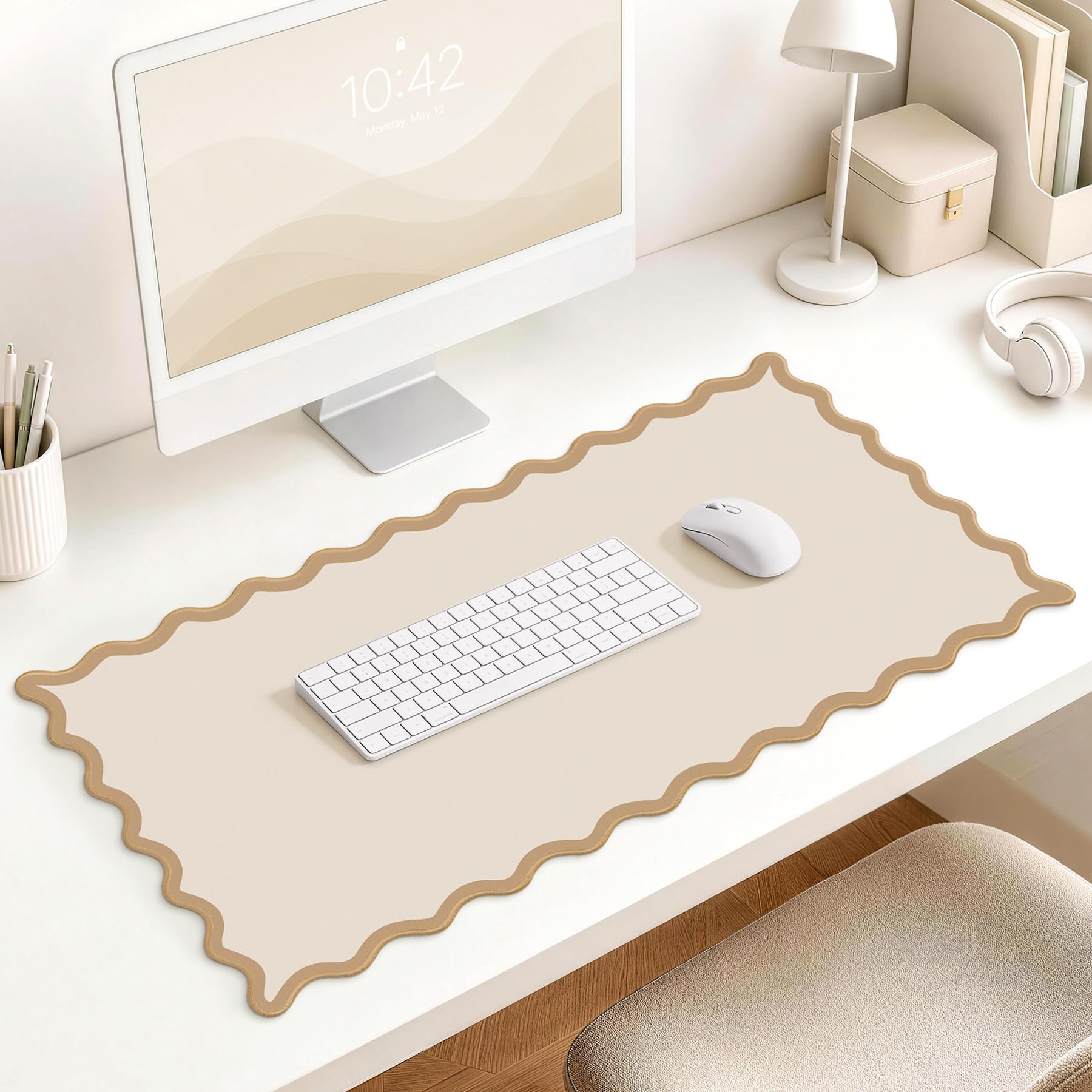 HAUTOCO Scalloped Desk Mat 31.5'' x 15.8'' Aesthetic Mouse Pad | Waterproof, Non-Slip, St…