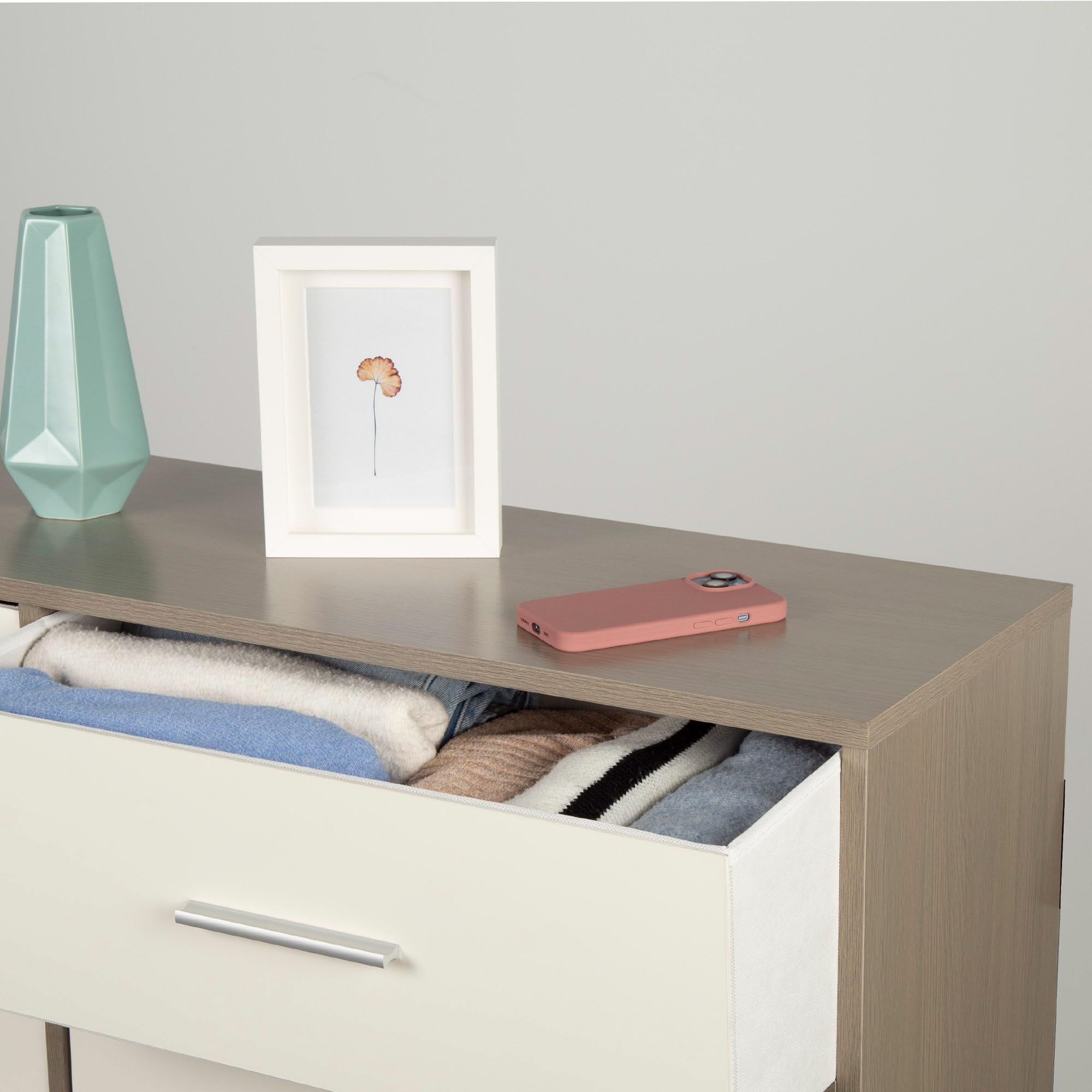 AKTIVE Max Home Cómoda dormitorio multiusos, Gris y blanco, 8 cajones de tela ligeros, 114x30x92 cm, Estructura madera, Sistema de almacenaje, Organización hogar, Decoración, Mueble vestidor (18416)